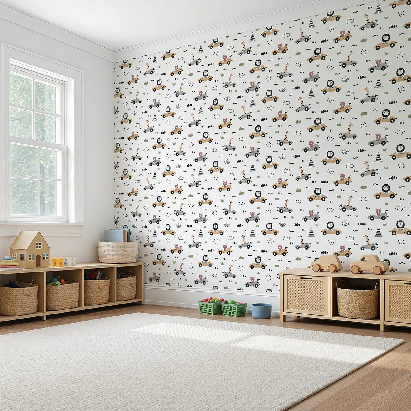 Angled view of Whimsy Tots' Safari Racers Parade Wallpaper in White (W3479A).Safari animals race in tiny cars across a playful track of grass and shapes.