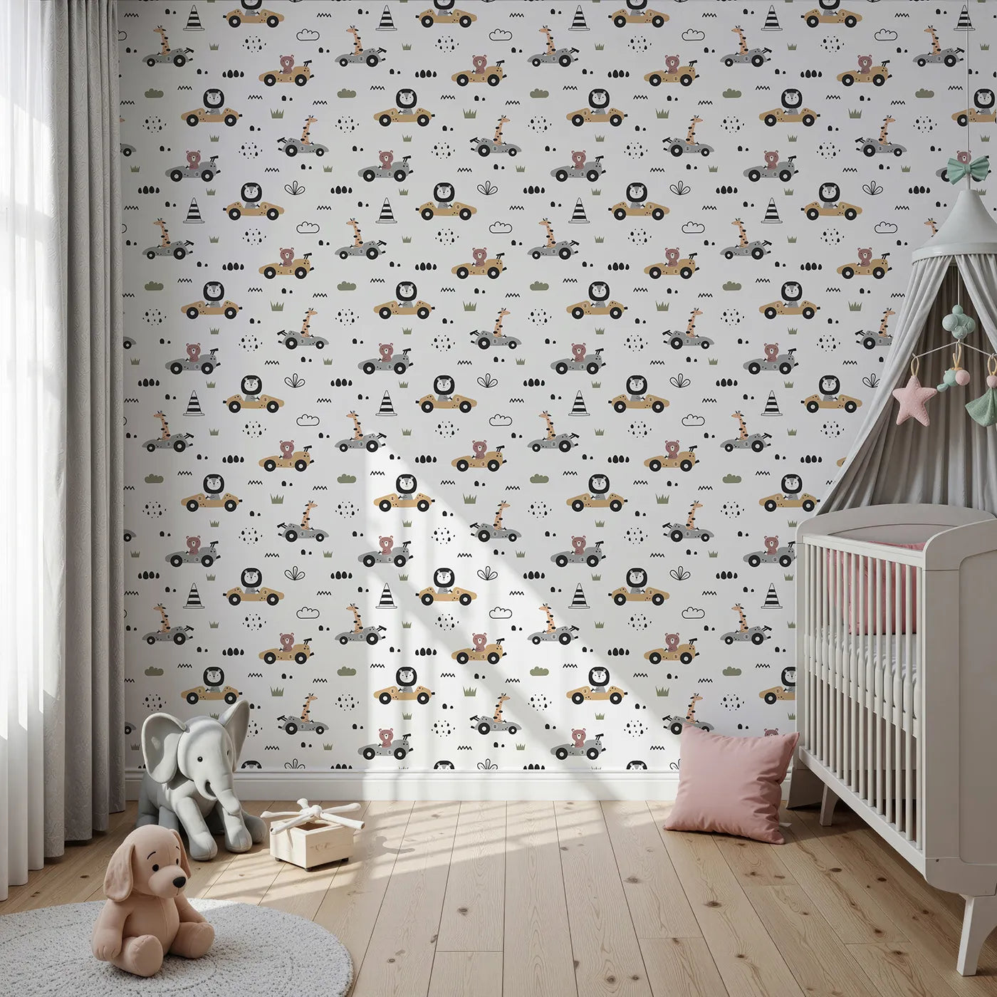 Front view of Whimsy Tots' Safari Racers Parade Wallpaper in White