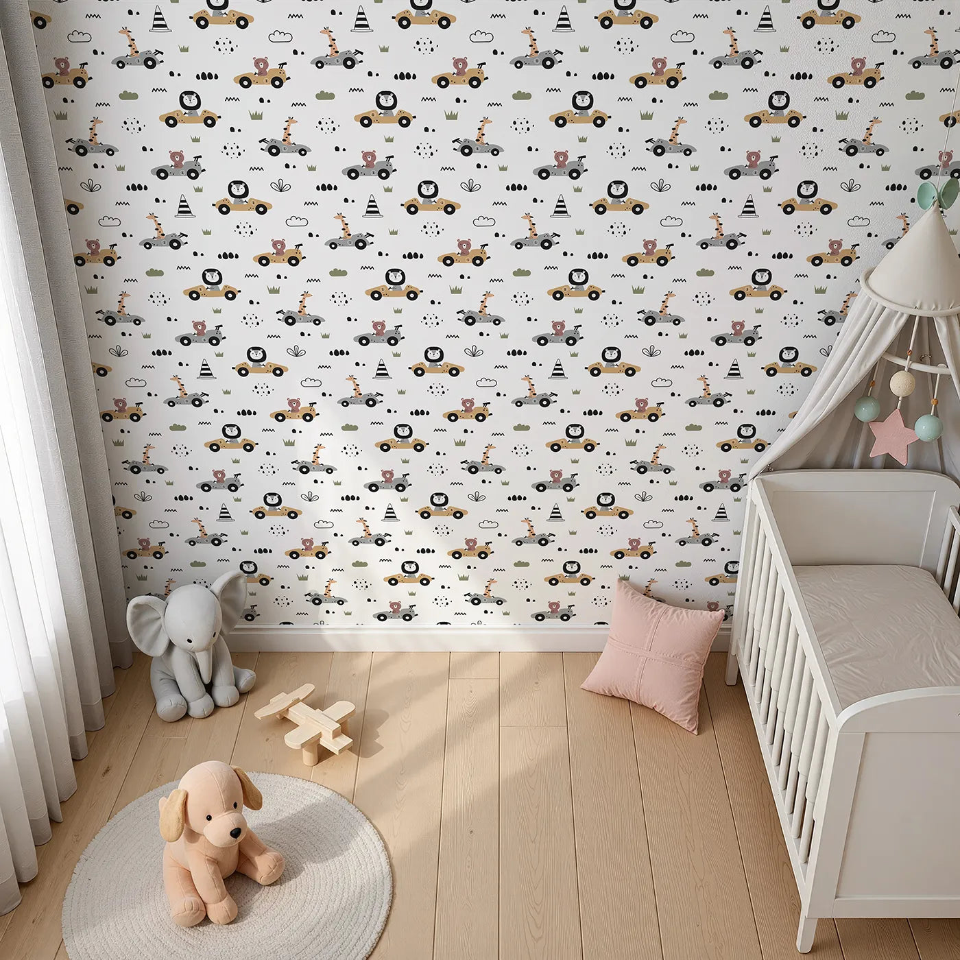 Top-Down view of Whimsy Tots' Safari Racers Parade Wallpaper in White (W3479A).Safari animals race in tiny cars across a playful track of grass and shapes.