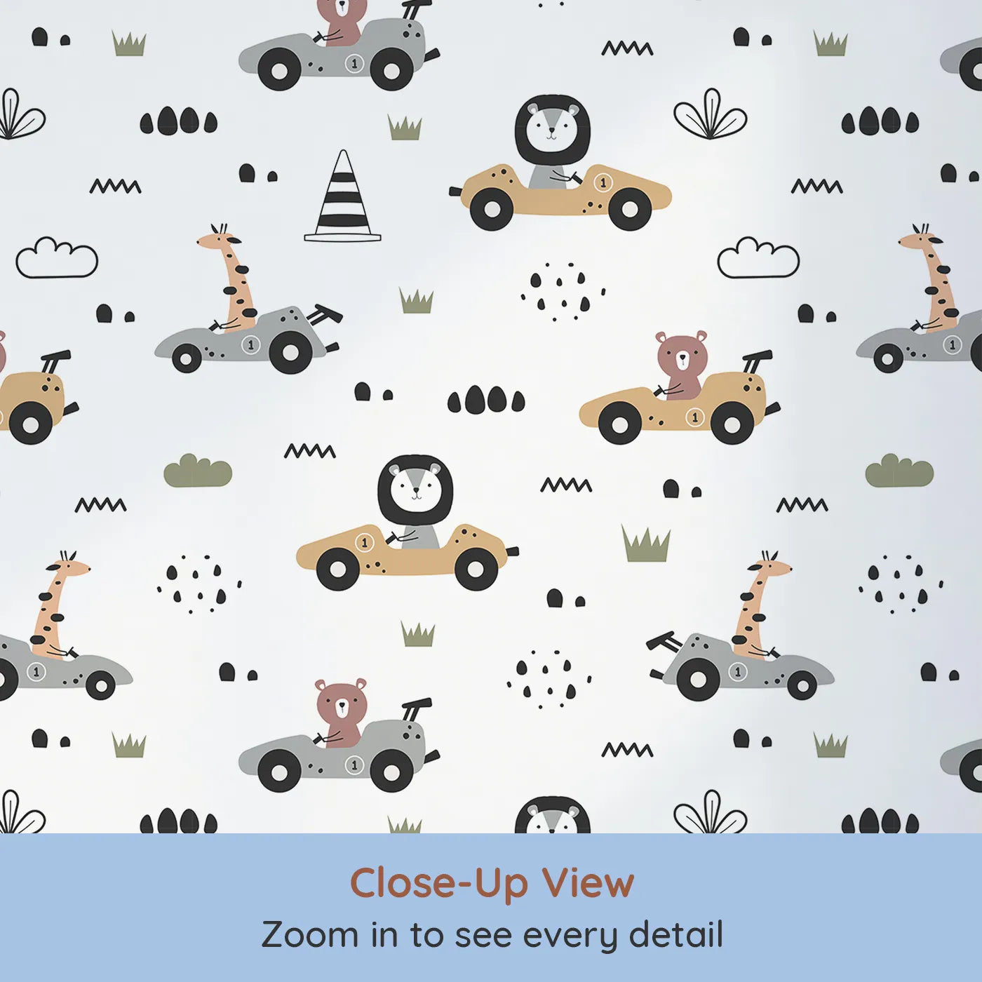 Close-up view of Whimsy Tots' Safari Racers Parade Wallpaper in White (W3479A).Safari animals race in tiny cars across a playful track of grass and shapes.
