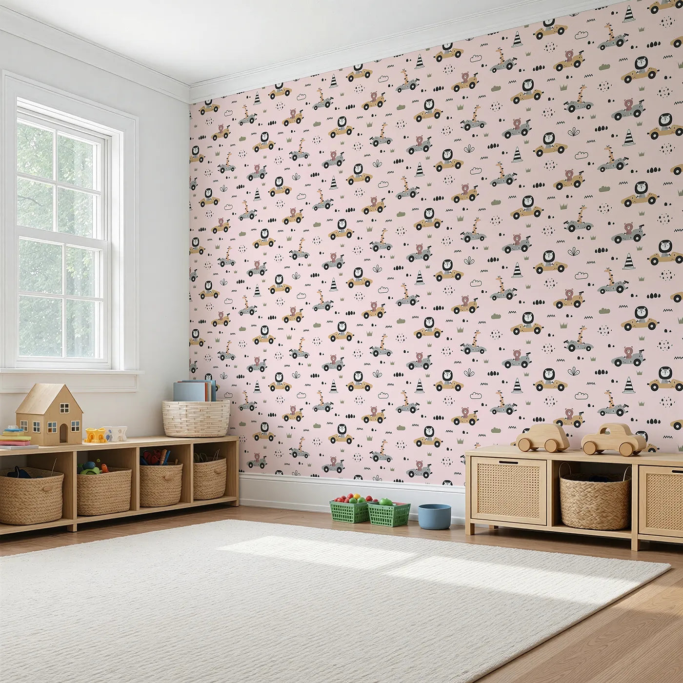 Angled view of Whimsy Tots' Safari Racers Parade Wallpaper in Blush Pink (W3479B).Safari animals speed through a sweet blush world of fun and motion.