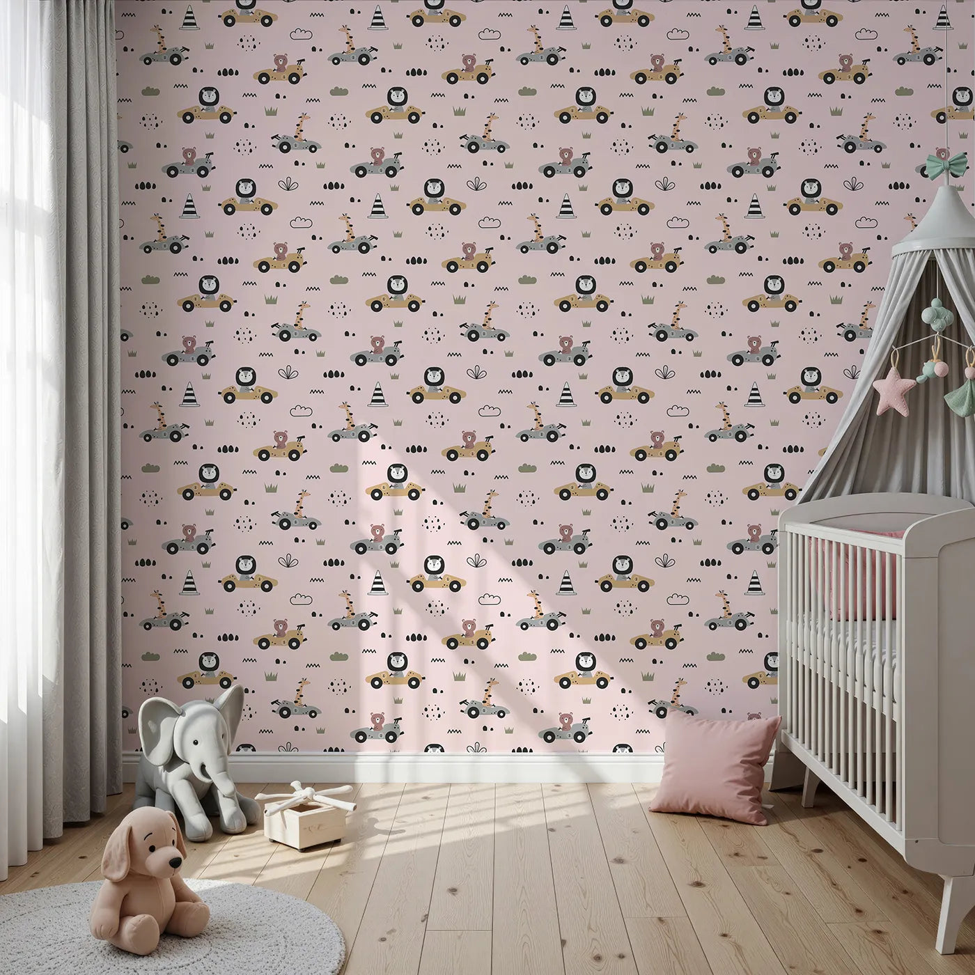Front view of Whimsy Tots' Safari Racers Parade Wallpaper in Blush Pink