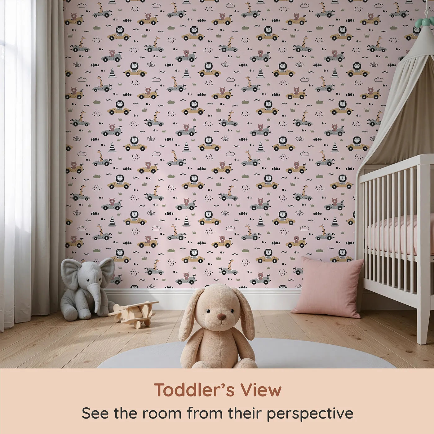 Whimsy Tots Safari Racers Parade Wallpaper in Blush Pink (W3479B) from your child's view.Safari animals speed through a sweet blush world of fun and motion.