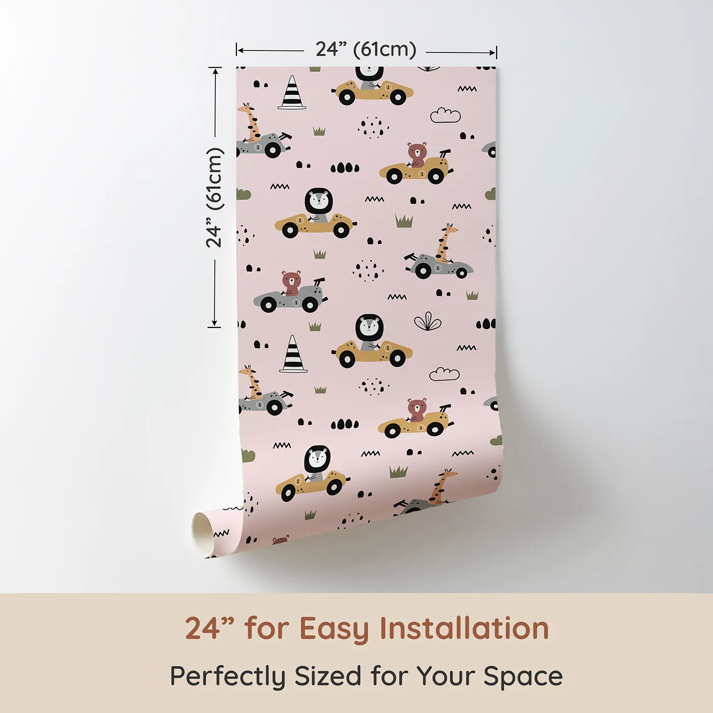 Dimension view of Whimsy Tots Safari Racers Parade Wallpaper in Blush Pink (W3479B). Printed in 24-inch-wide panel for easy installation. Safari animals speed through a sweet blush world of fun and motion.