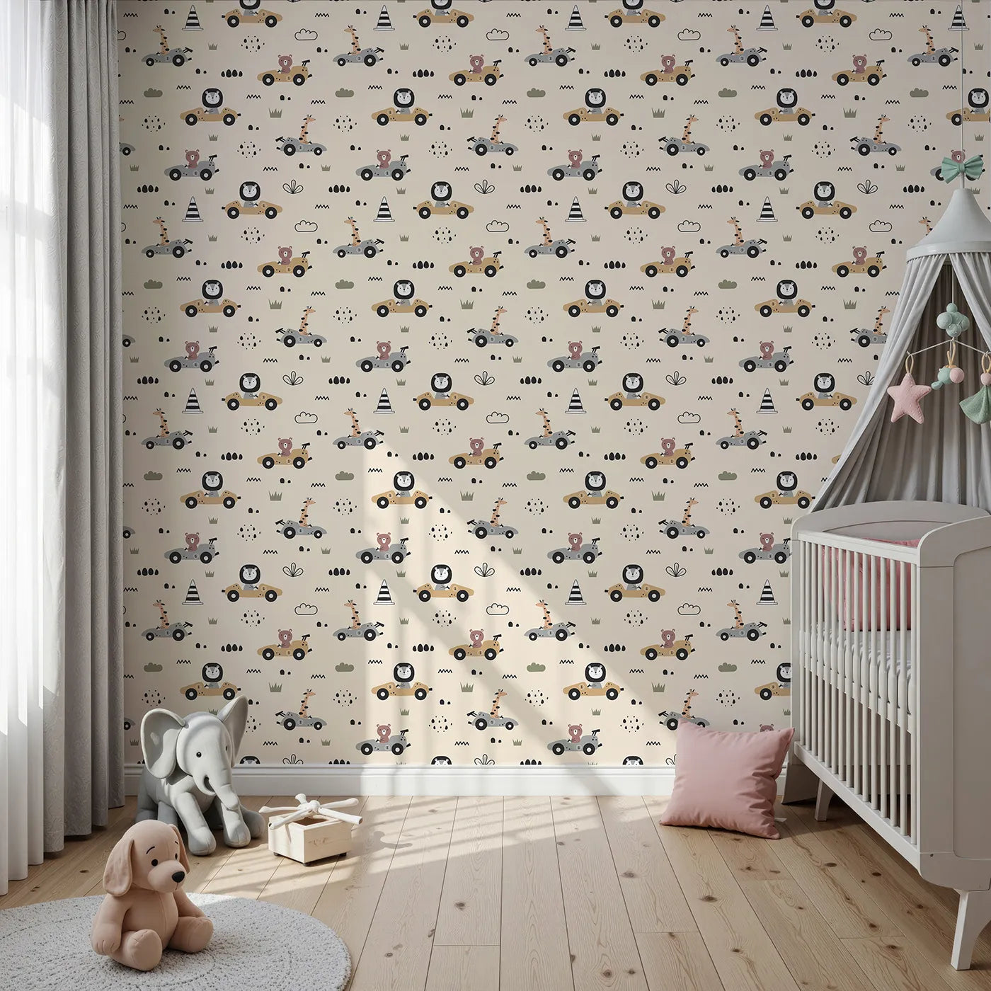 Front view of Whimsy Tots' Safari Racers Parade Wallpaper in Sand Beige