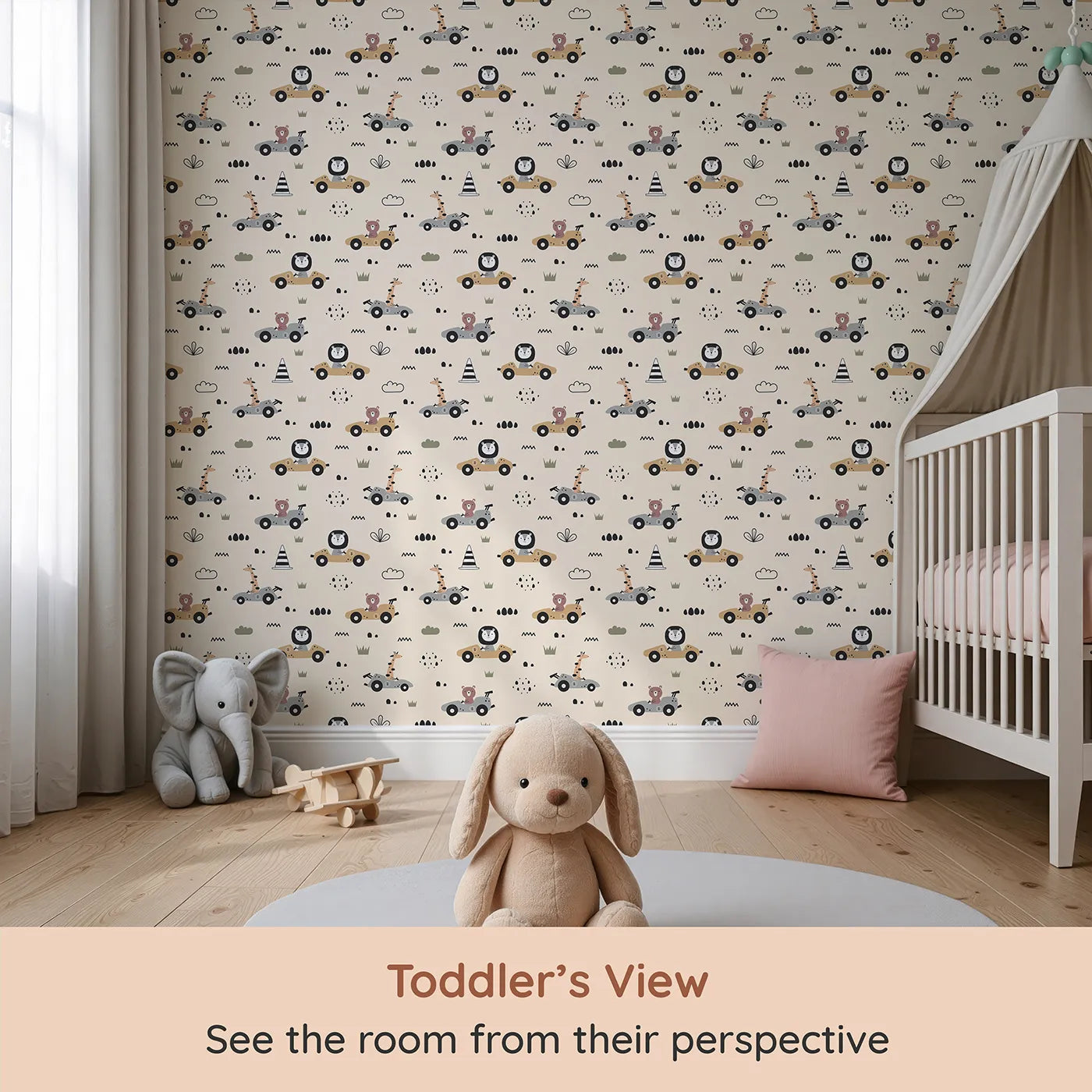 Whimsy Tots Safari Racers Parade Wallpaper in Sand Beige (W3479C) from your child's view.Lions, giraffes, and bears zoom gently through a sun-kissed beige track.