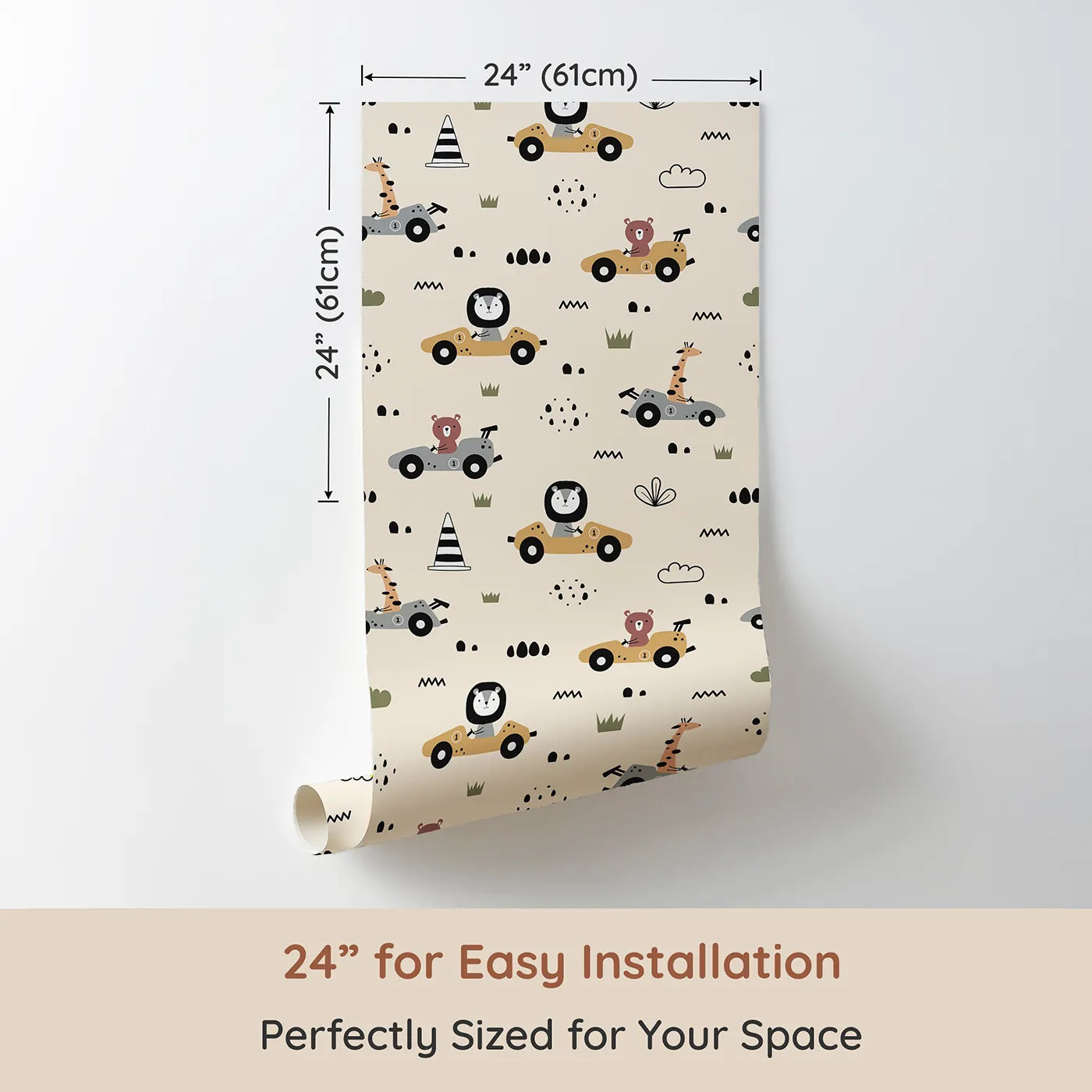 Dimension view of Whimsy Tots Safari Racers Parade Wallpaper in Sand Beige (W3479C). Printed in 24-inch-wide panel for easy installation. Lions, giraffes, and bears zoom gently through a sun-kissed beige track.