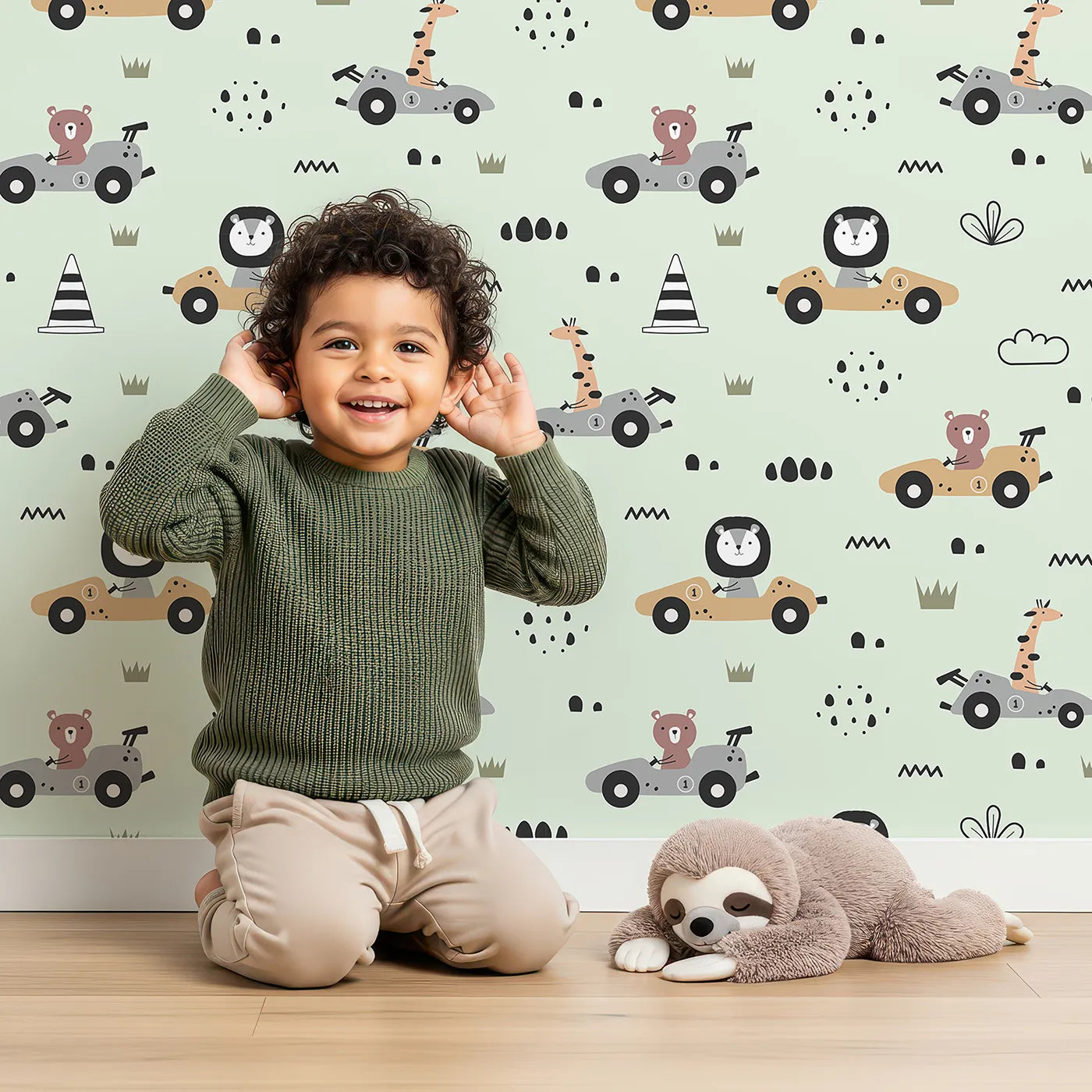 Safari Racers Parade Wallpaper in Mint Green