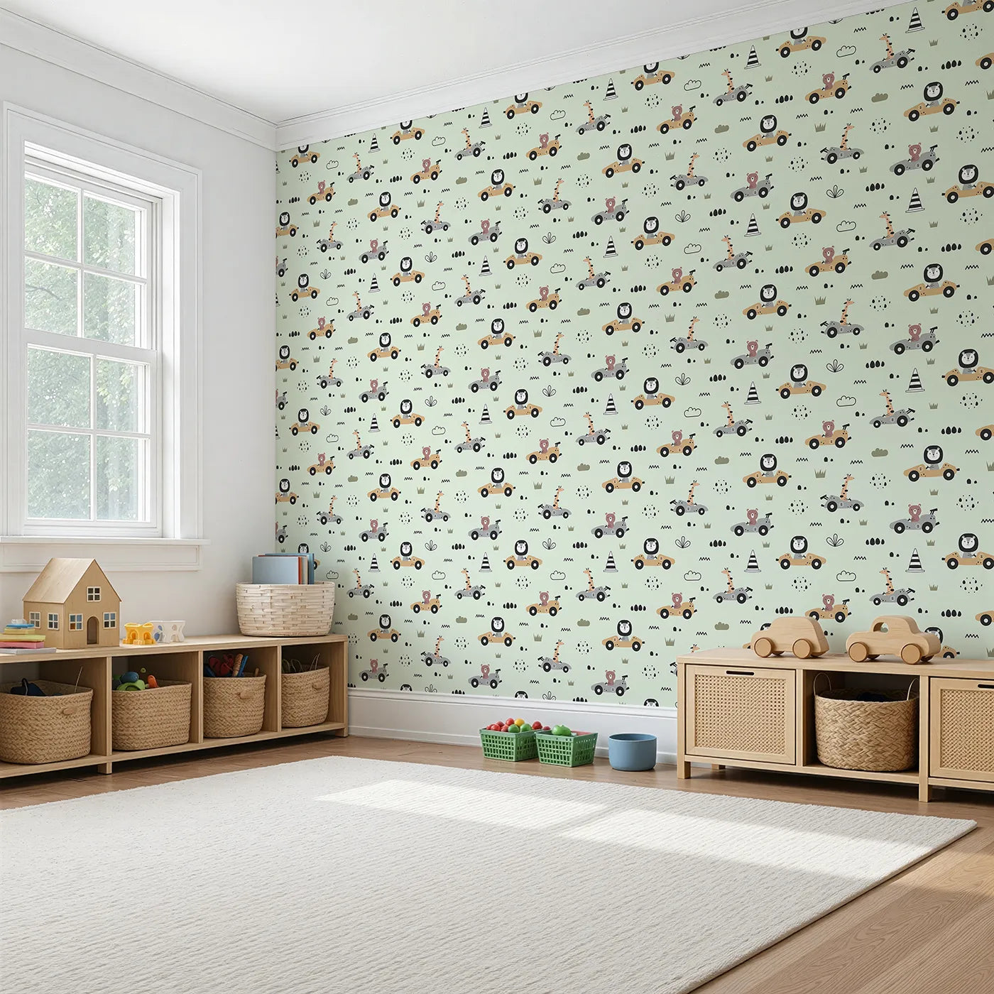 Angled view of Whimsy Tots' Safari Racers Parade Wallpaper in Mint Green (W3479D).Jungle friends take the wheel in a playful mint green race.