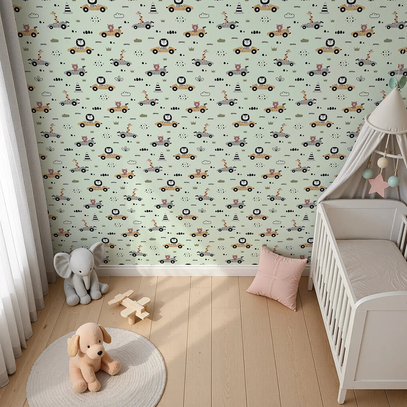 Top-Down view of Whimsy Tots' Safari Racers Parade Wallpaper in Mint Green (W3479D).Jungle friends take the wheel in a playful mint green race.