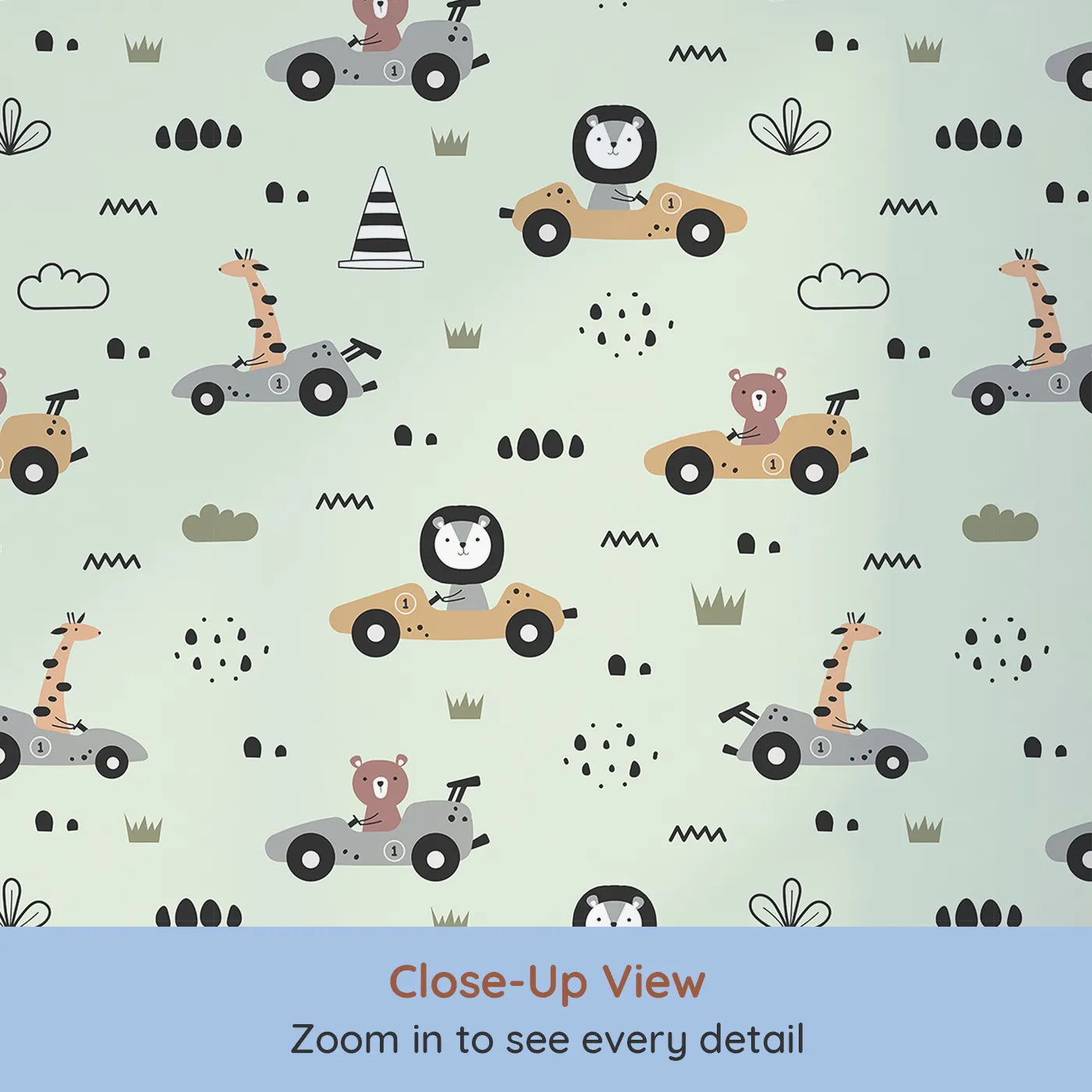 Close-up view of Whimsy Tots' Safari Racers Parade Wallpaper in Mint Green (W3479D).Jungle friends take the wheel in a playful mint green race.