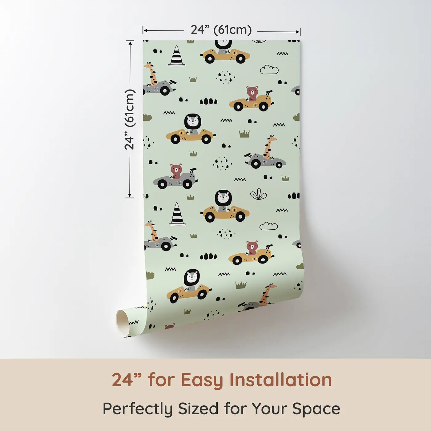 Dimension view of Whimsy Tots Safari Racers Parade Wallpaper in Mint Green (W3479D). Printed in 24-inch-wide panel for easy installation. Jungle friends take the wheel in a playful mint green race.