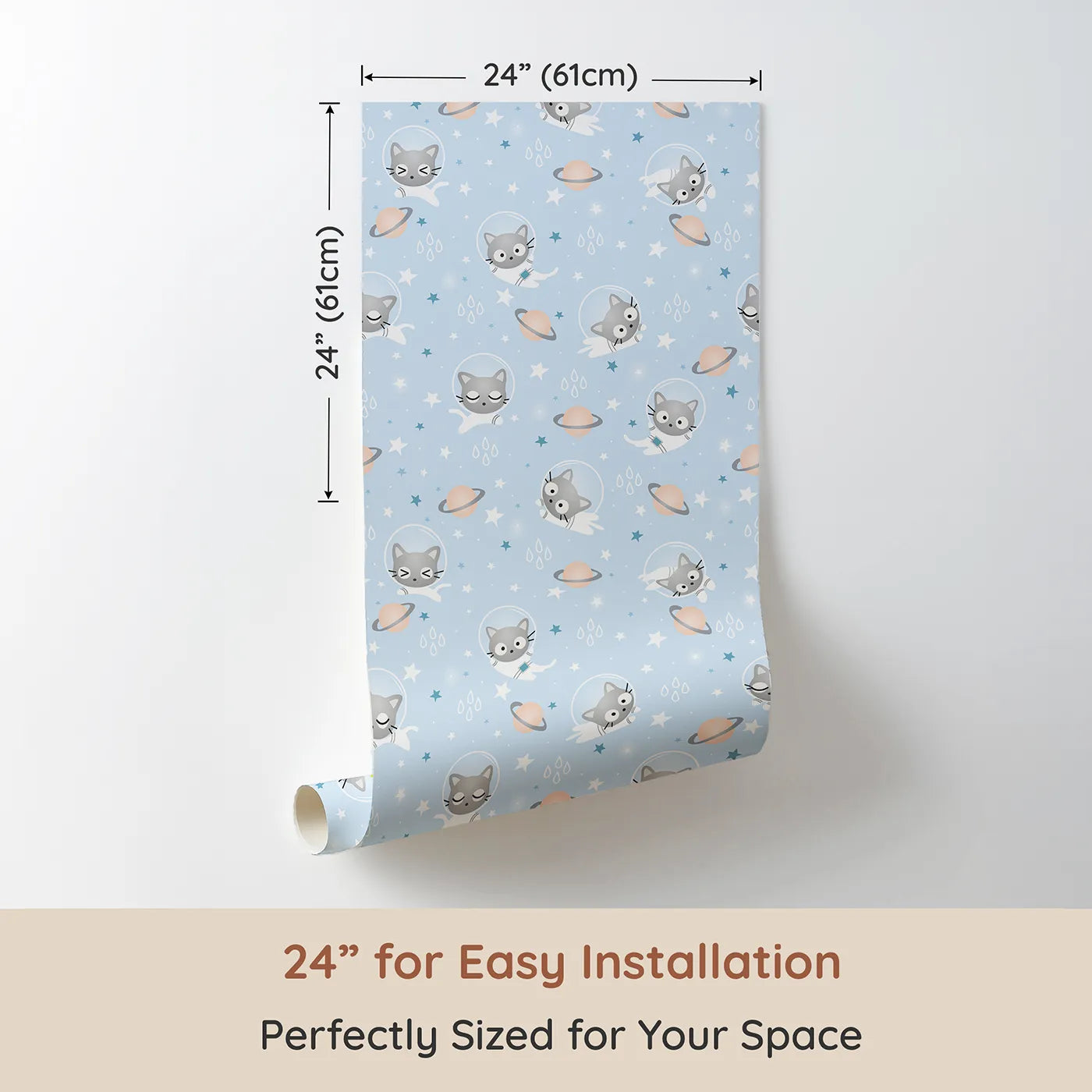 Dimension view of Whimsy Tots Space Kitty Drift Wallpaper in Sky Blue (W3480A). Printed in 24-inch-wide panel for easy installation. Kitties in space suits twirl gently among stars and planets.