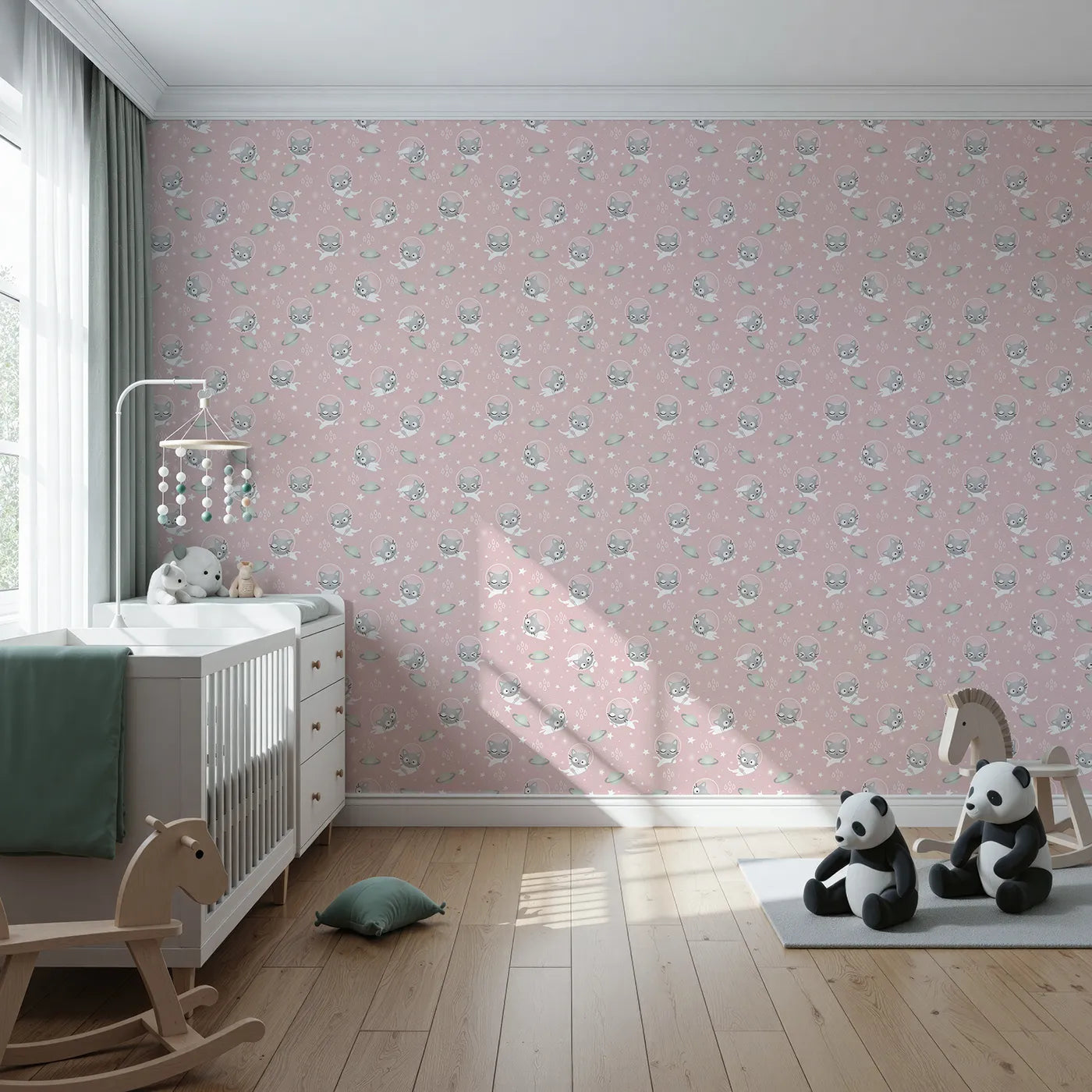 Front view of Whimsy Tots' Space Kitty Drift Wallpaper in Blush Pink