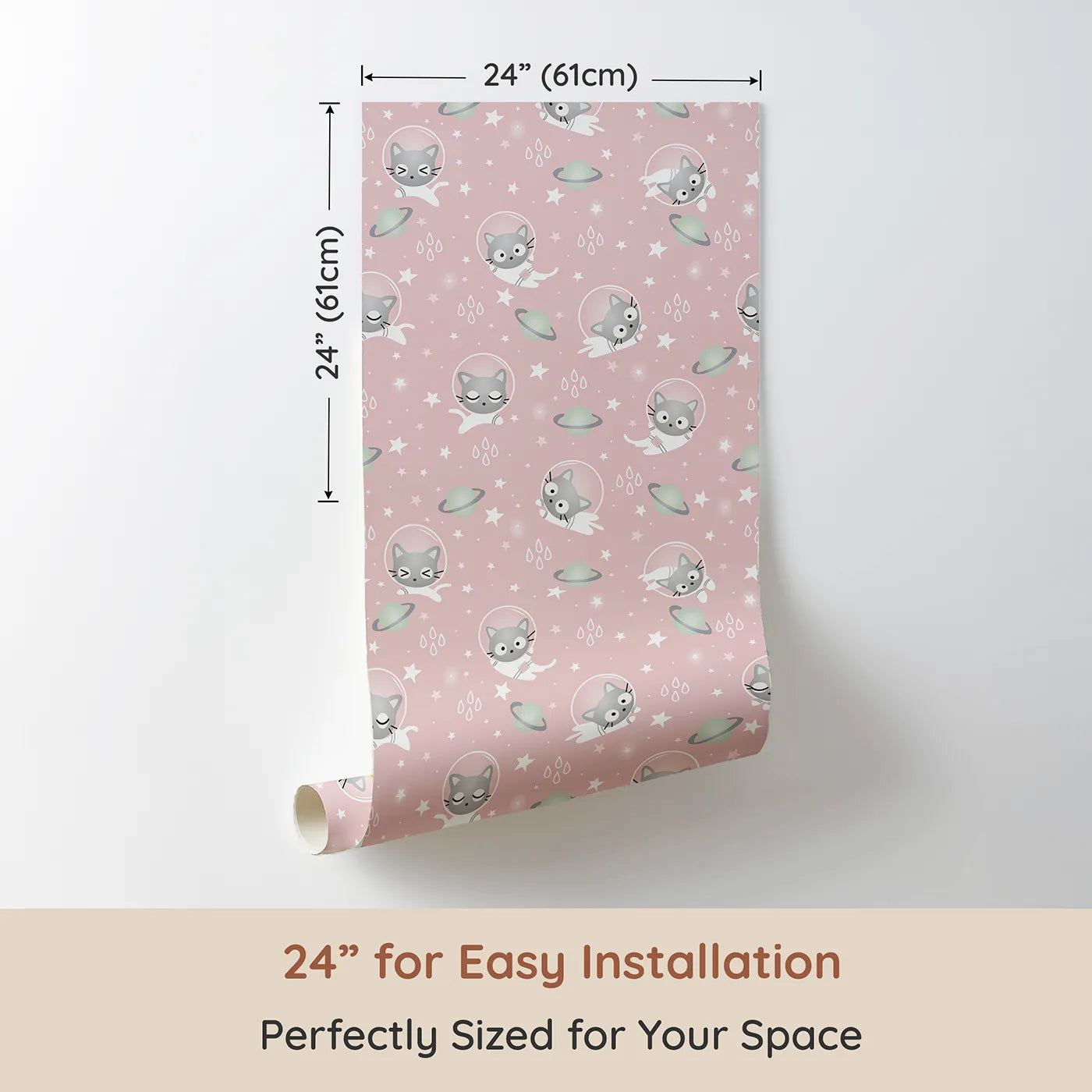 Dimension view of Whimsy Tots Space Kitty Drift Wallpaper in Blush Pink (W3480B). Printed in 24-inch-wide panel for easy installation. Astronaut cats drift across a gentle pink sky of stars and planets.