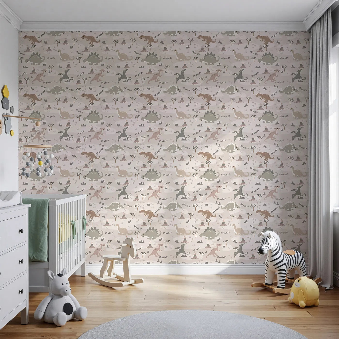 Front view of Whimsy Tots' Dino Explorer Land Wallpaper in Sand