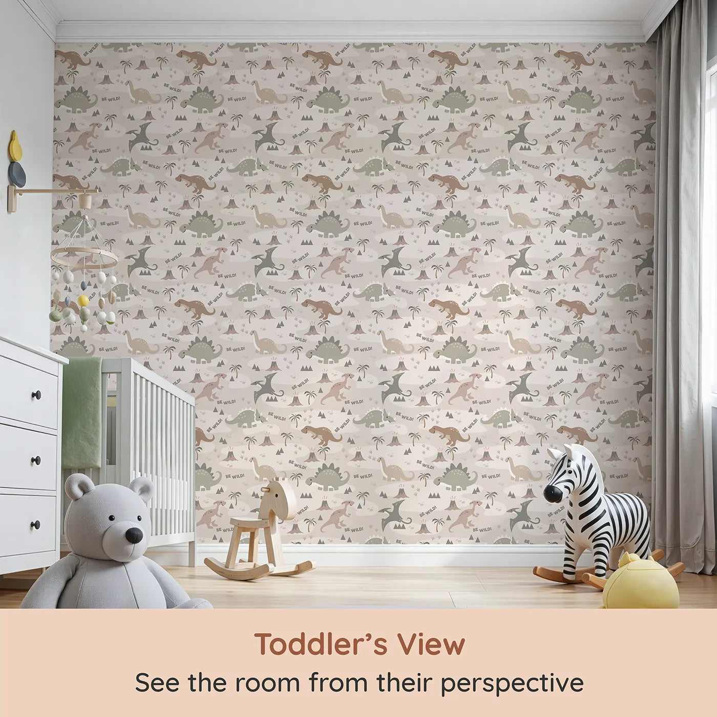 Whimsy Tots Dino Explorer Land Wallpaper in Sand (W3481) from your child's view.Friendly dinosaurs roam a warm desert land of volcanoes and palms.