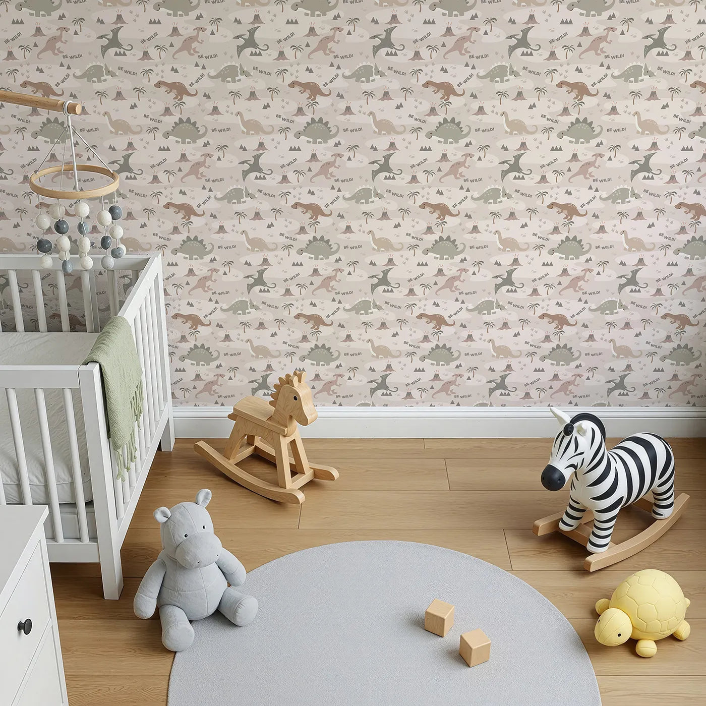 Top-Down view of Whimsy Tots' Dino Explorer Land Wallpaper in Sand (W3481).Friendly dinosaurs roam a warm desert land of volcanoes and palms.