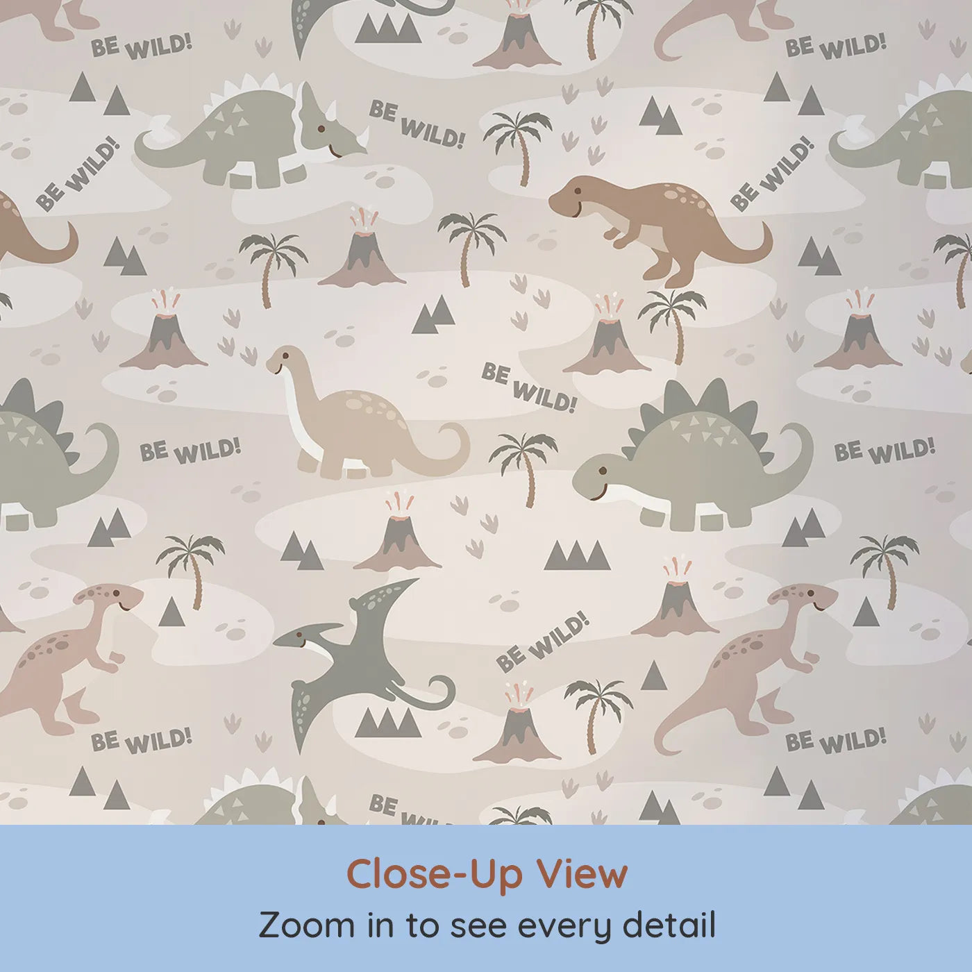 Close-up view of Whimsy Tots' Dino Explorer Land Wallpaper in Sand (W3481).Friendly dinosaurs roam a warm desert land of volcanoes and palms.