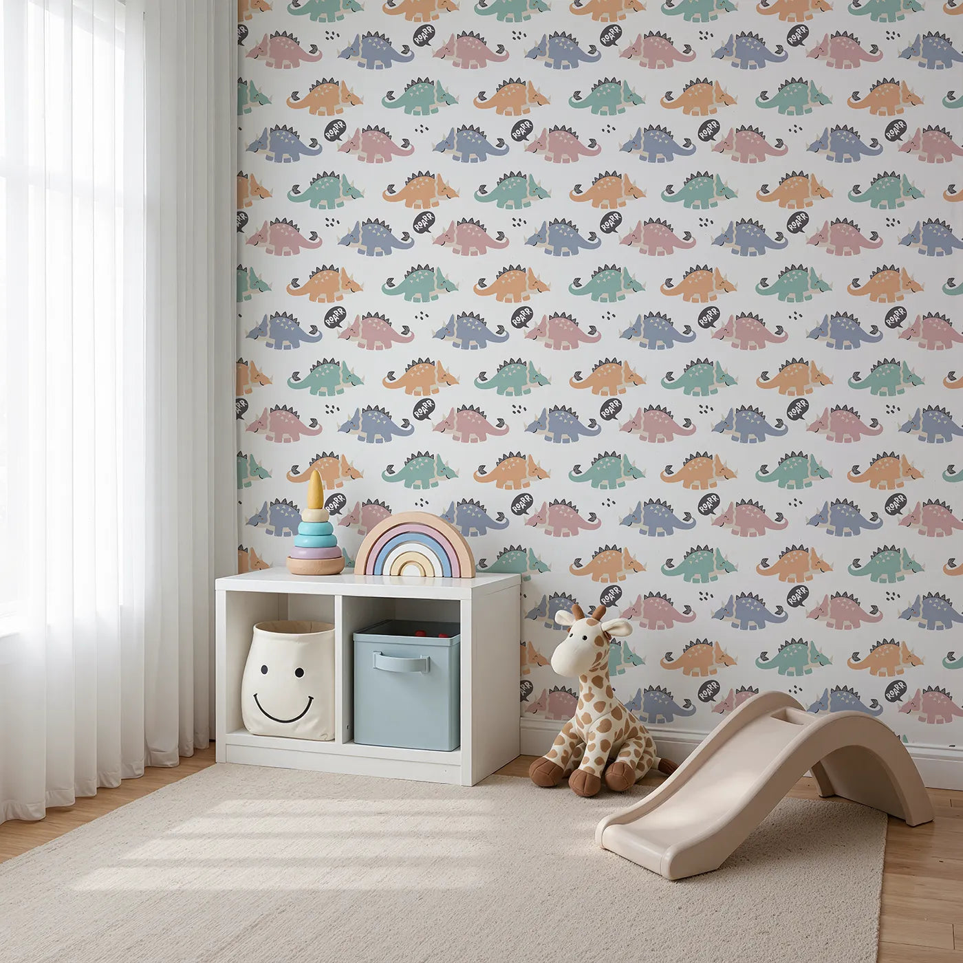 Angled view of Whimsy Tots' Roar and Stomp Dinosaurs Wallpaper (W3482).Friendly dinosaurs stomp and smile in a colorful dino parade.