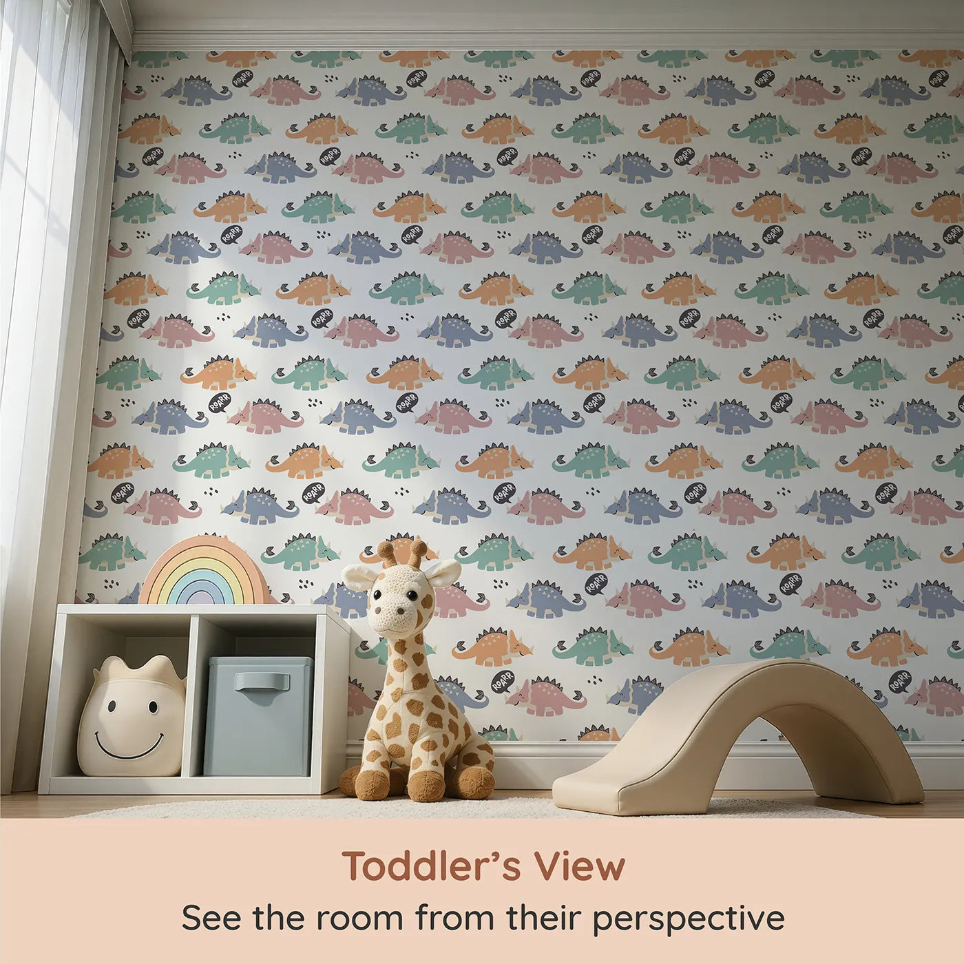 Whimsy Tots Roar and Stomp Dinosaurs Wallpaper (W3482) from your child's view.Friendly dinosaurs stomp and smile in a colorful dino parade.