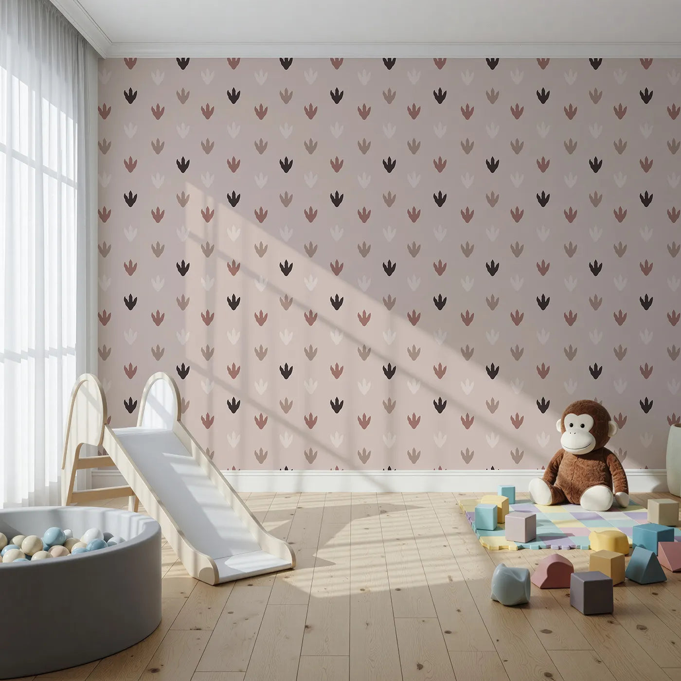 Front view of Whimsy Tots' Dino Tracks Wallpaper in Rose Clay Brown