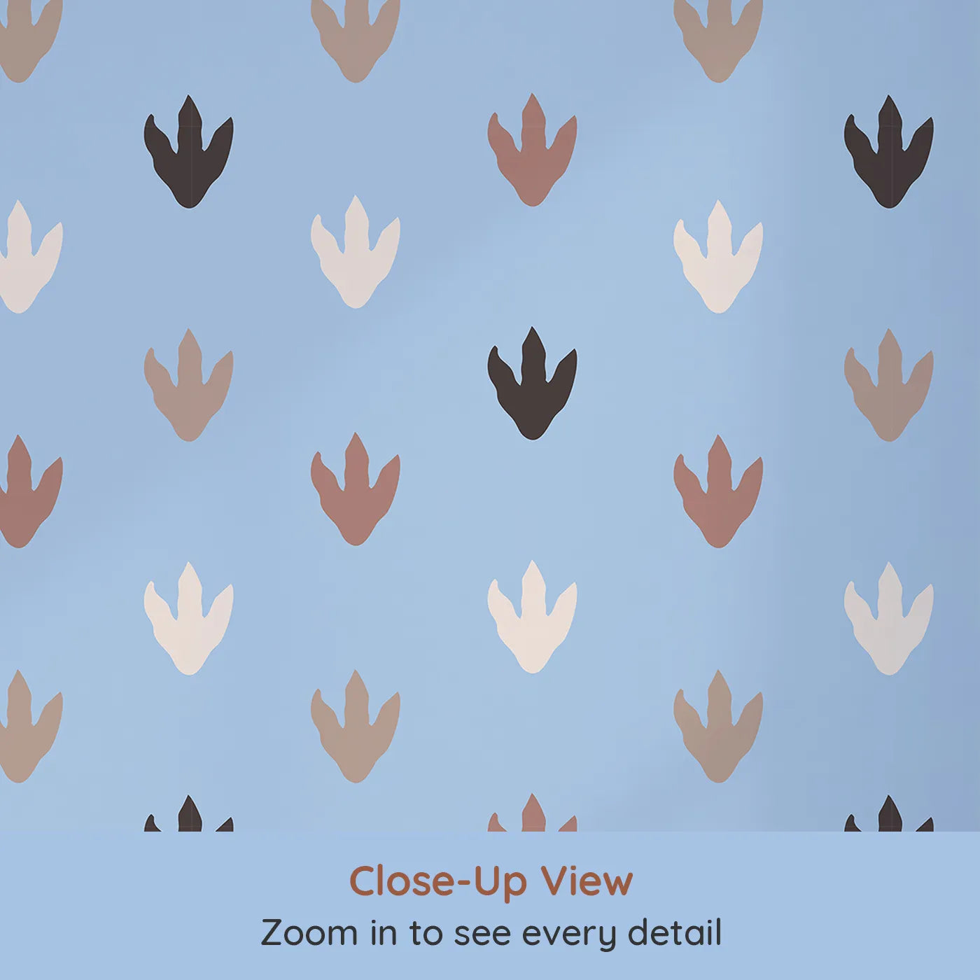 Close-up view of Whimsy Tots' Dino Tracks Wallpaper in Sky Blue (W3483C).Soft dinosaur footprints wander through a gentle sky blue world.