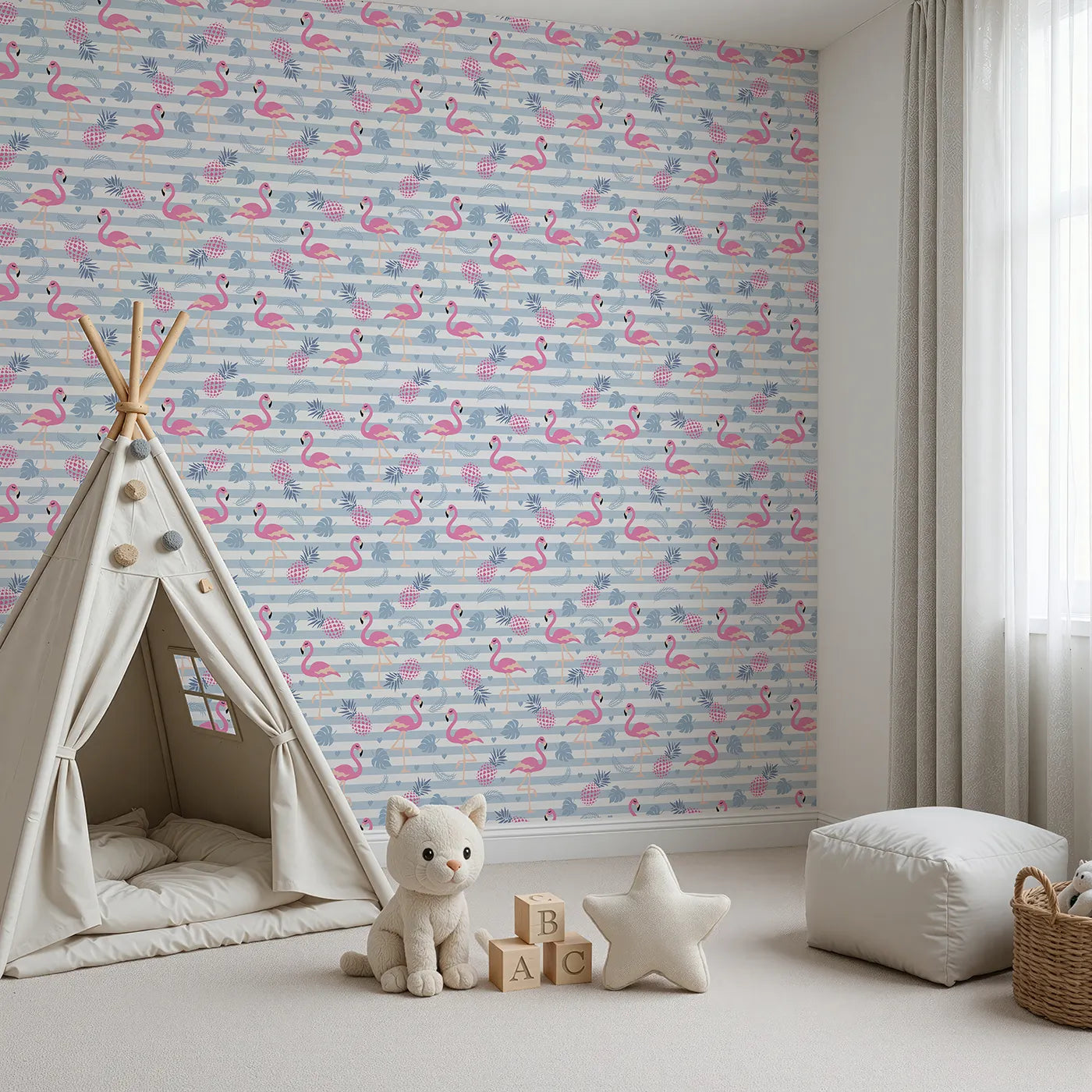 Angled view of Whimsy Tots' Flamingo Tropics Wallpaper (W3484).Blushing flamingos and heart-speckled pineapples bring a burst of tropical cheer.