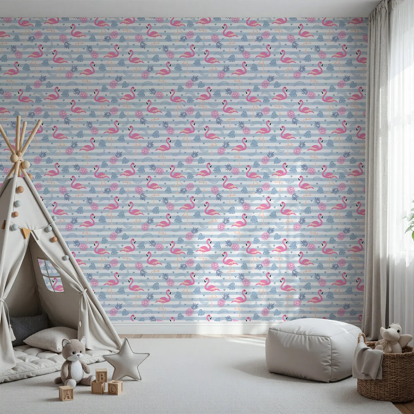 Front view of Whimsy Tots' Flamingo Tropics Wallpaper