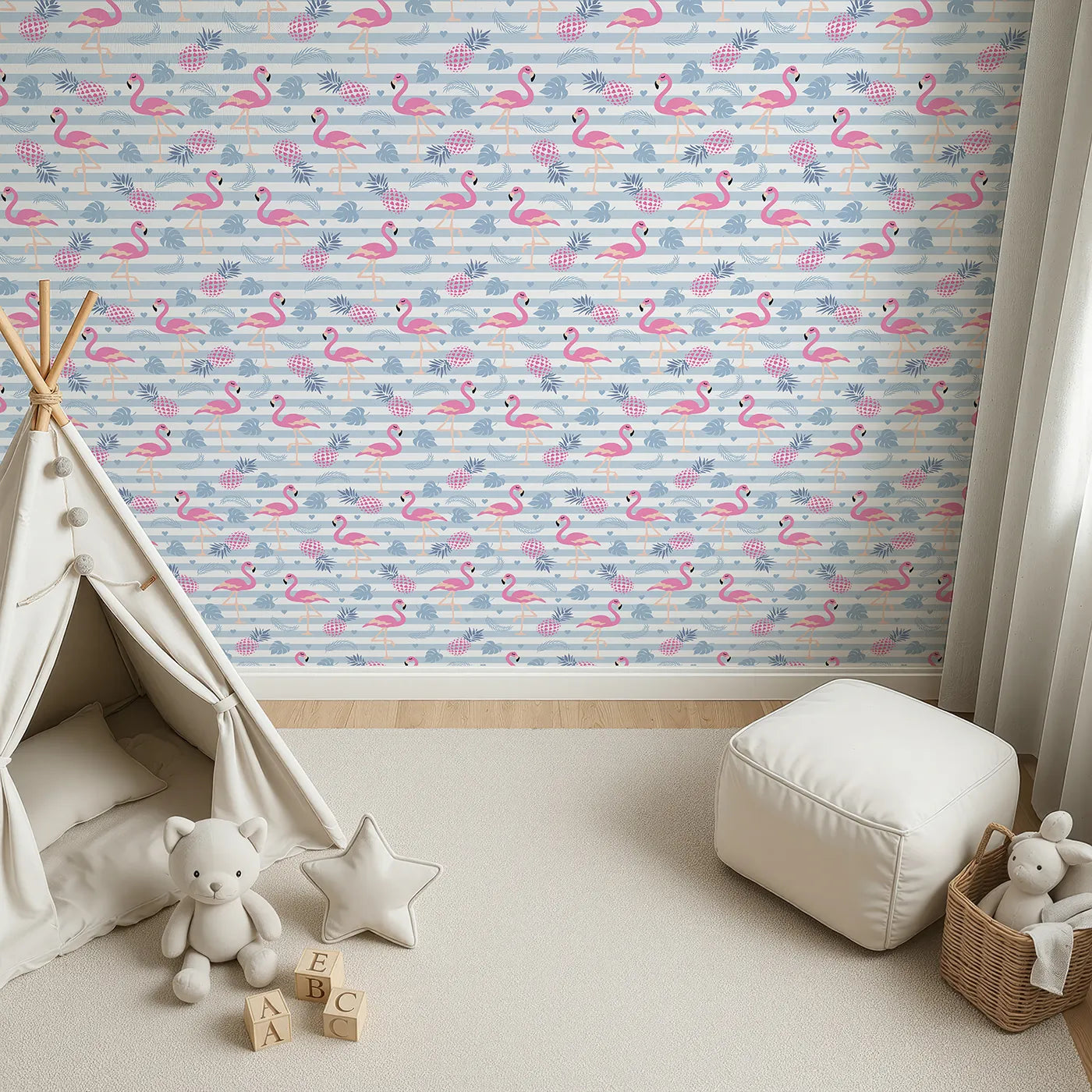 Top-Down view of Whimsy Tots' Flamingo Tropics Wallpaper (W3484).Blushing flamingos and heart-speckled pineapples bring a burst of tropical cheer.