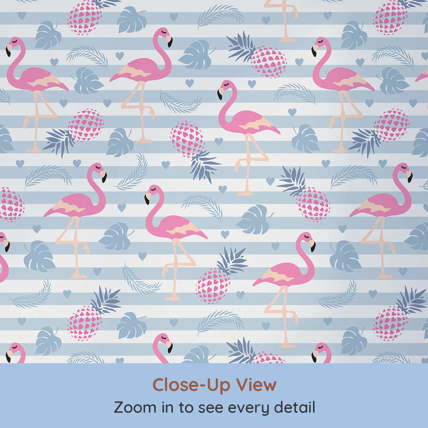 Close-up view of Whimsy Tots' Flamingo Tropics Wallpaper (W3484).Blushing flamingos and heart-speckled pineapples bring a burst of tropical cheer.