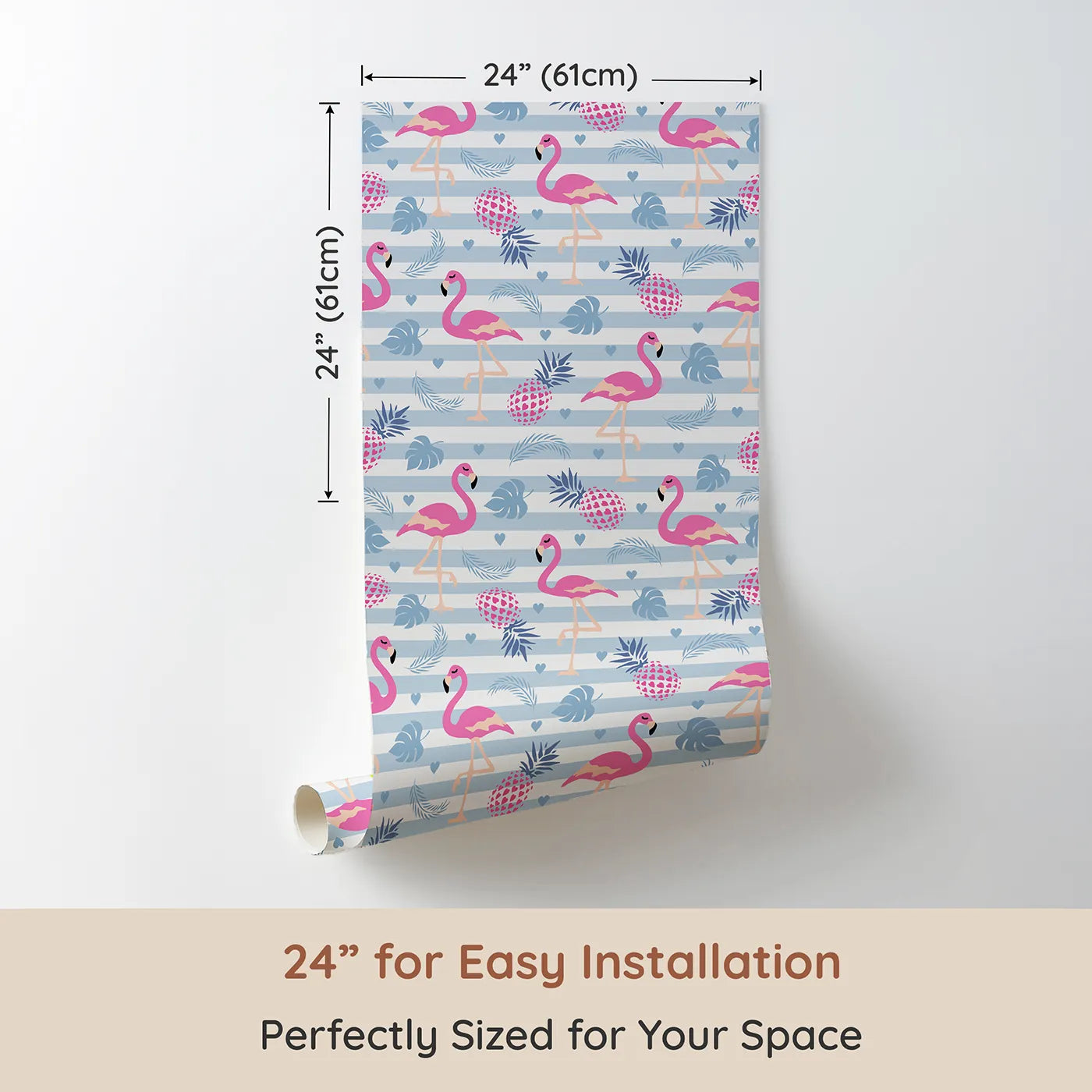 Dimension view of Whimsy Tots Flamingo Tropics Wallpaper (W3484). Printed in 24-inch-wide panel for easy installation. Blushing flamingos and heart-speckled pineapples bring a burst of tropical cheer.
