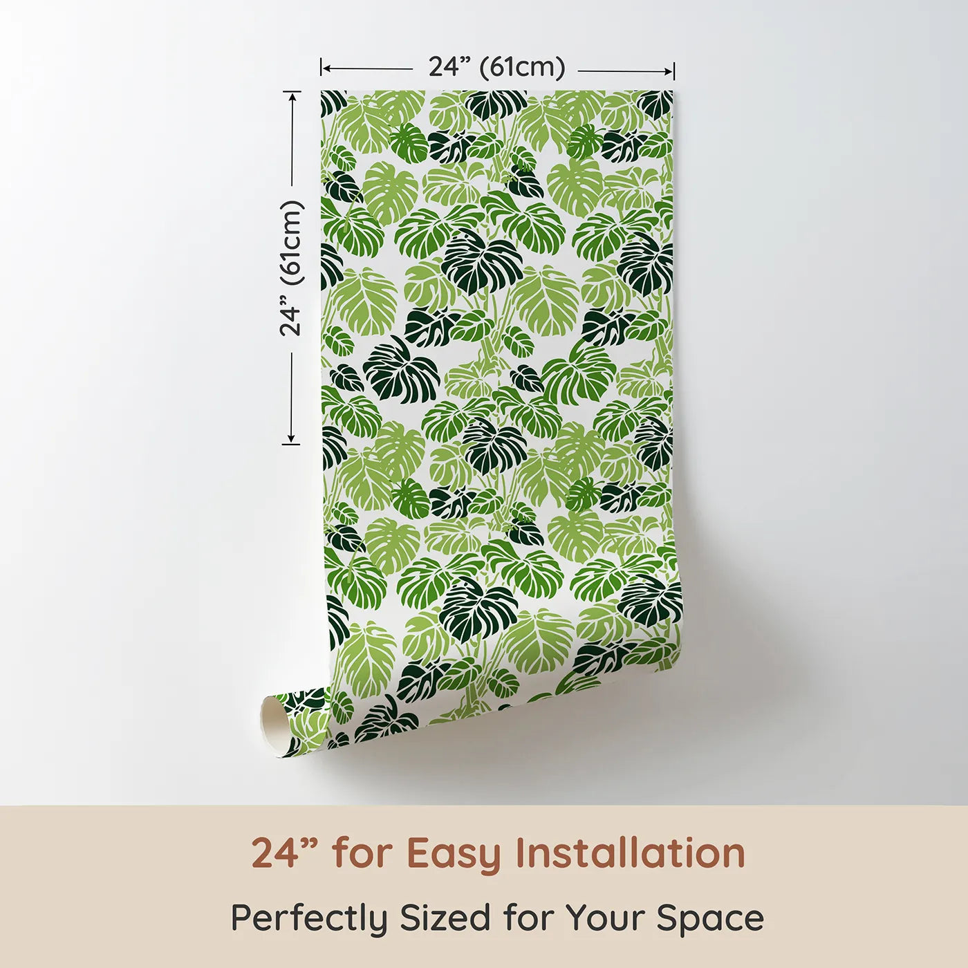 Dimension view of Whimsy Tots Monstera Jungle Wallpaper in Leaf Green (W3485A). Printed in 24-inch-wide panel for easy installation. Vibrant monstera leaves bring the calm and curiosity of the jungle inside.