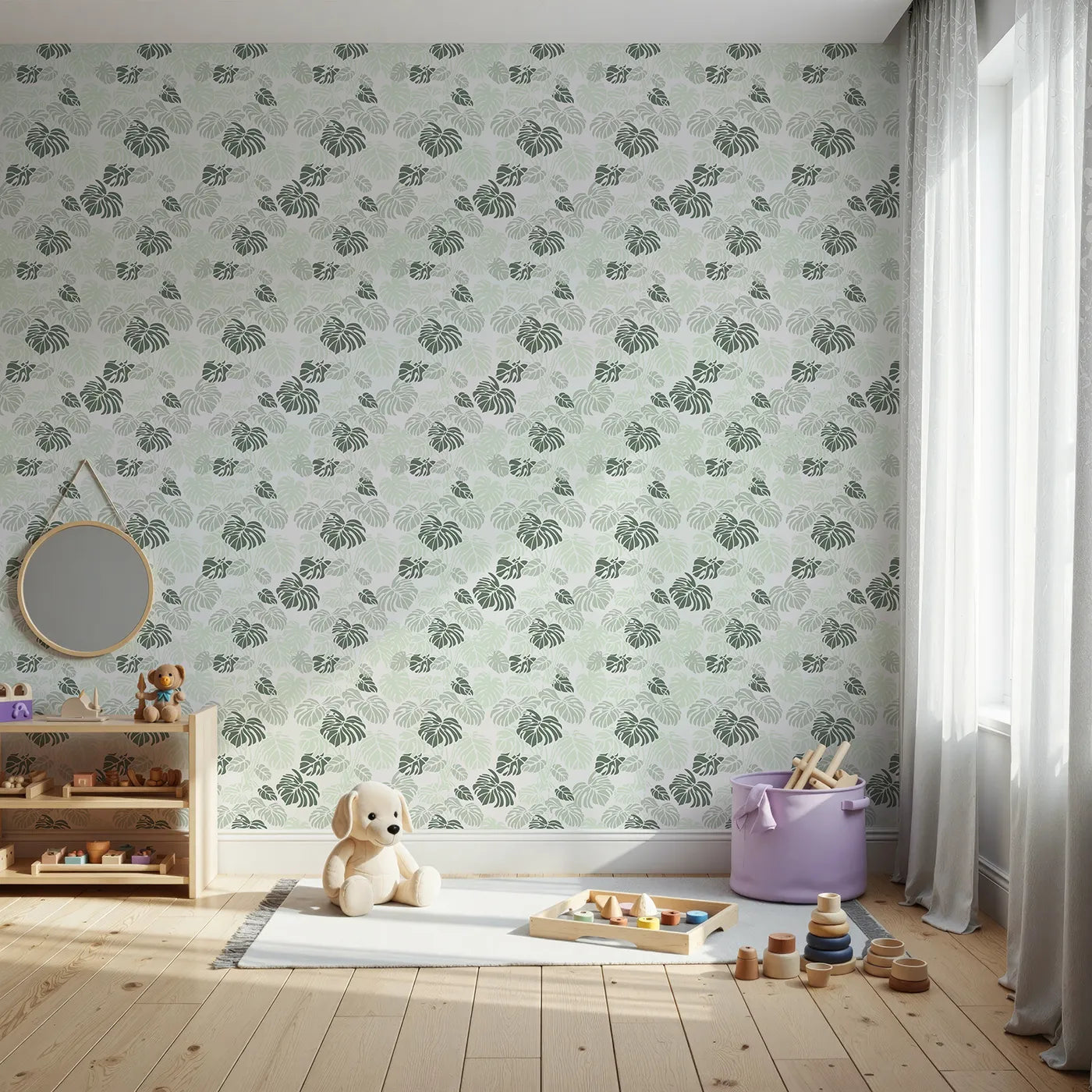 Front view of Whimsy Tots' Monstera Jungle Wallpaper in Mint Mist Green