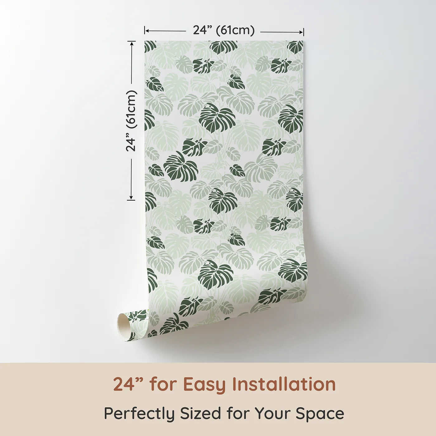 Dimension view of Whimsy Tots Monstera Jungle Wallpaper in Mint Mist Green (W3485B). Printed in 24-inch-wide panel for easy installation. Soft mint monstera leaves create a peaceful play of nature and calm.