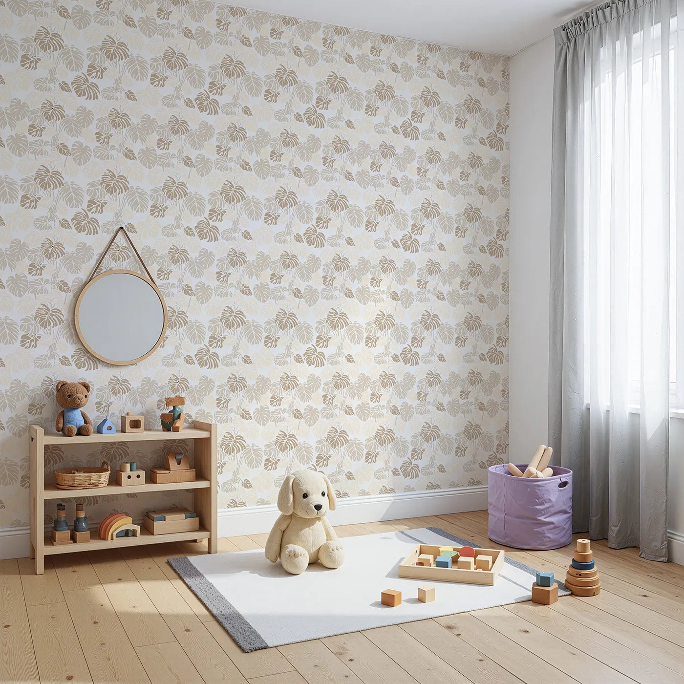 Angled view of Whimsy Tots' Monstera Jungle Wallpaper in Sandstone Beige (W3485C).Soft beige monstera leaves invite calm and comfort into their space.