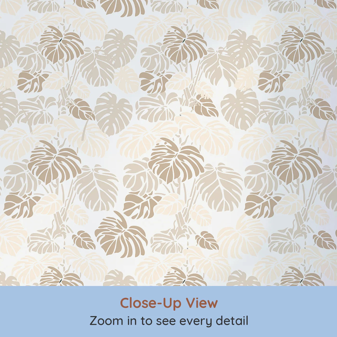Close-up view of Whimsy Tots' Monstera Jungle Wallpaper in Sandstone Beige (W3485C).Soft beige monstera leaves invite calm and comfort into their space.