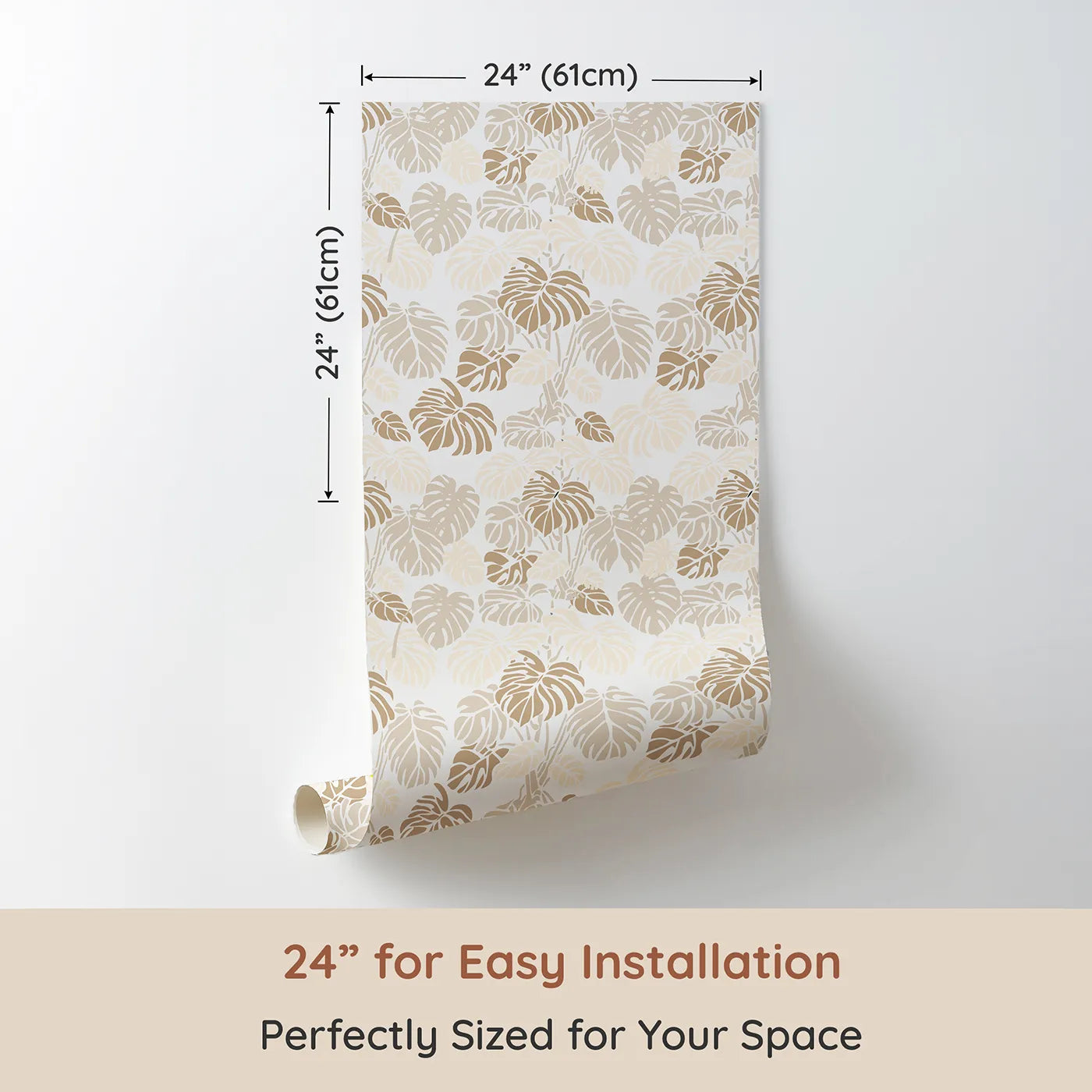 Dimension view of Whimsy Tots Monstera Jungle Wallpaper in Sandstone Beige (W3485C). Printed in 24-inch-wide panel for easy installation. Soft beige monstera leaves invite calm and comfort into their space.