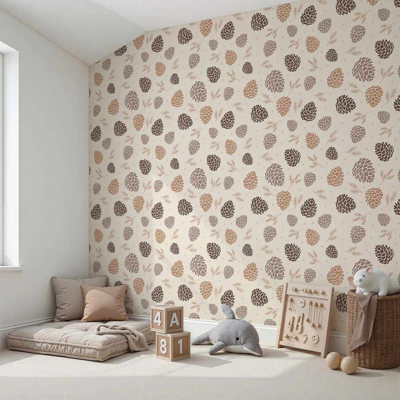 Angled view of Whimsy Tots' Pinecone Whispers Wallpaper in Cozy Taupe (W3486).Falling pinecones and delicate needles set a soft woodland rhythm.