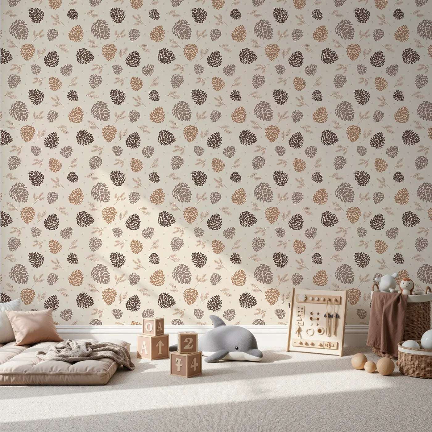 Front view of Whimsy Tots' Pinecone Whispers Wallpaper in Cozy Taupe