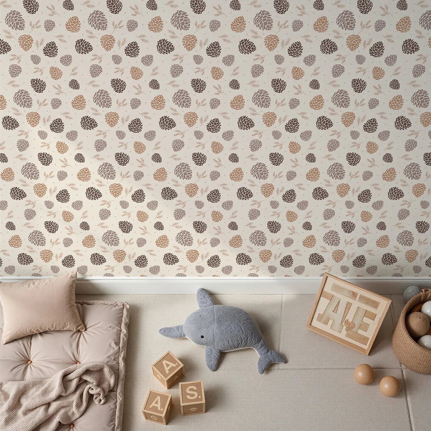 Top-Down view of Whimsy Tots' Pinecone Whispers Wallpaper in Cozy Taupe (W3486).Falling pinecones and delicate needles set a soft woodland rhythm.