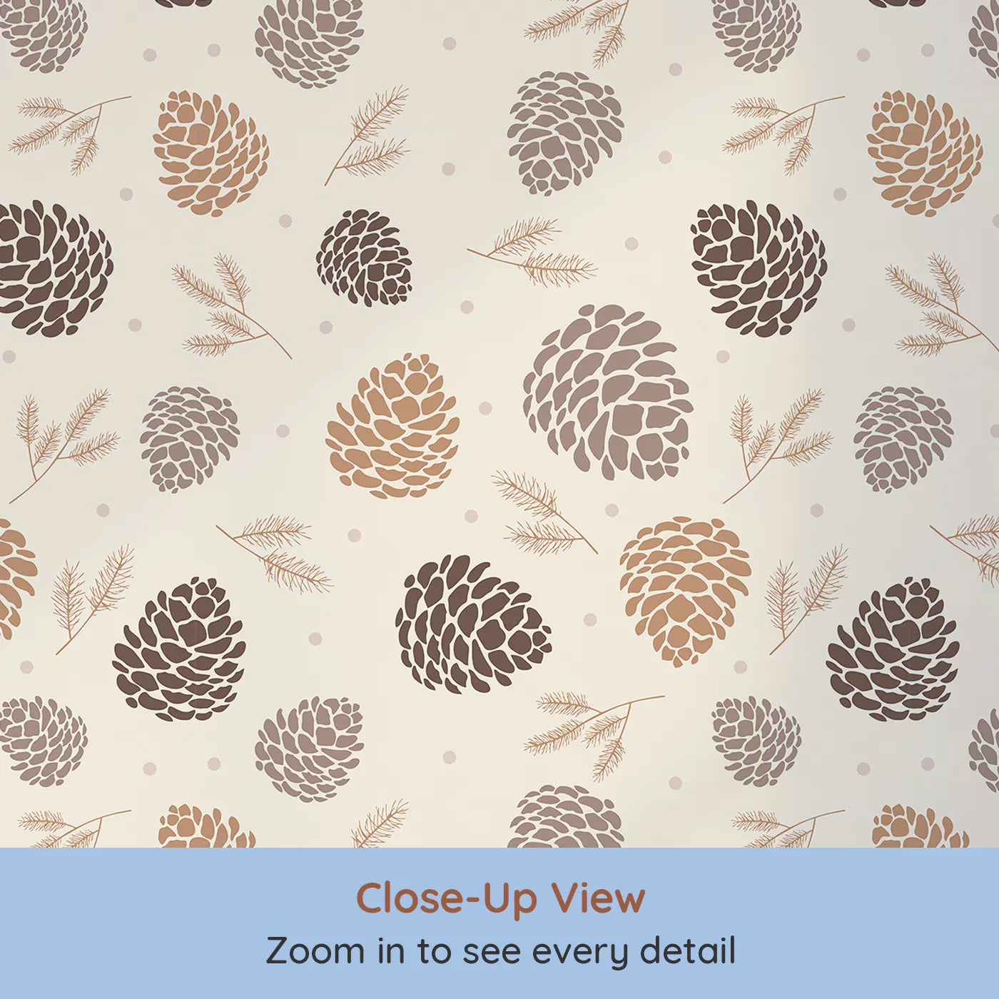 Close-up view of Whimsy Tots' Pinecone Whispers Wallpaper in Cozy Taupe (W3486).Falling pinecones and delicate needles set a soft woodland rhythm.
