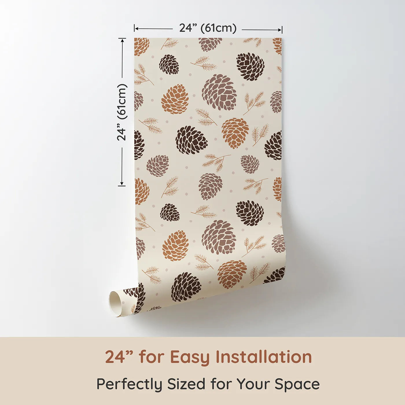 Dimension view of Whimsy Tots Pinecone Whispers Wallpaper in Cozy Taupe (W3486). Printed in 24-inch-wide panel for easy installation. Falling pinecones and delicate needles set a soft woodland rhythm.