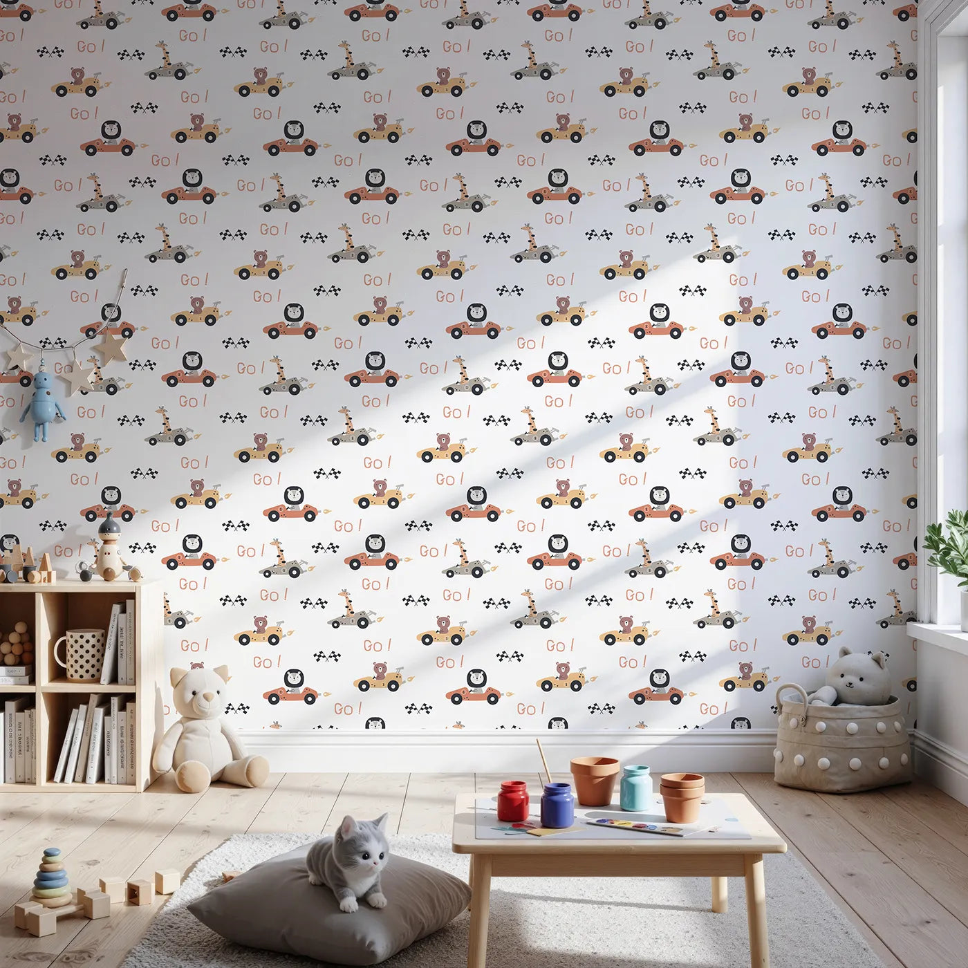 Front view of Whimsy Tots' Animal Racers Wallpaper in Soft Neutrals