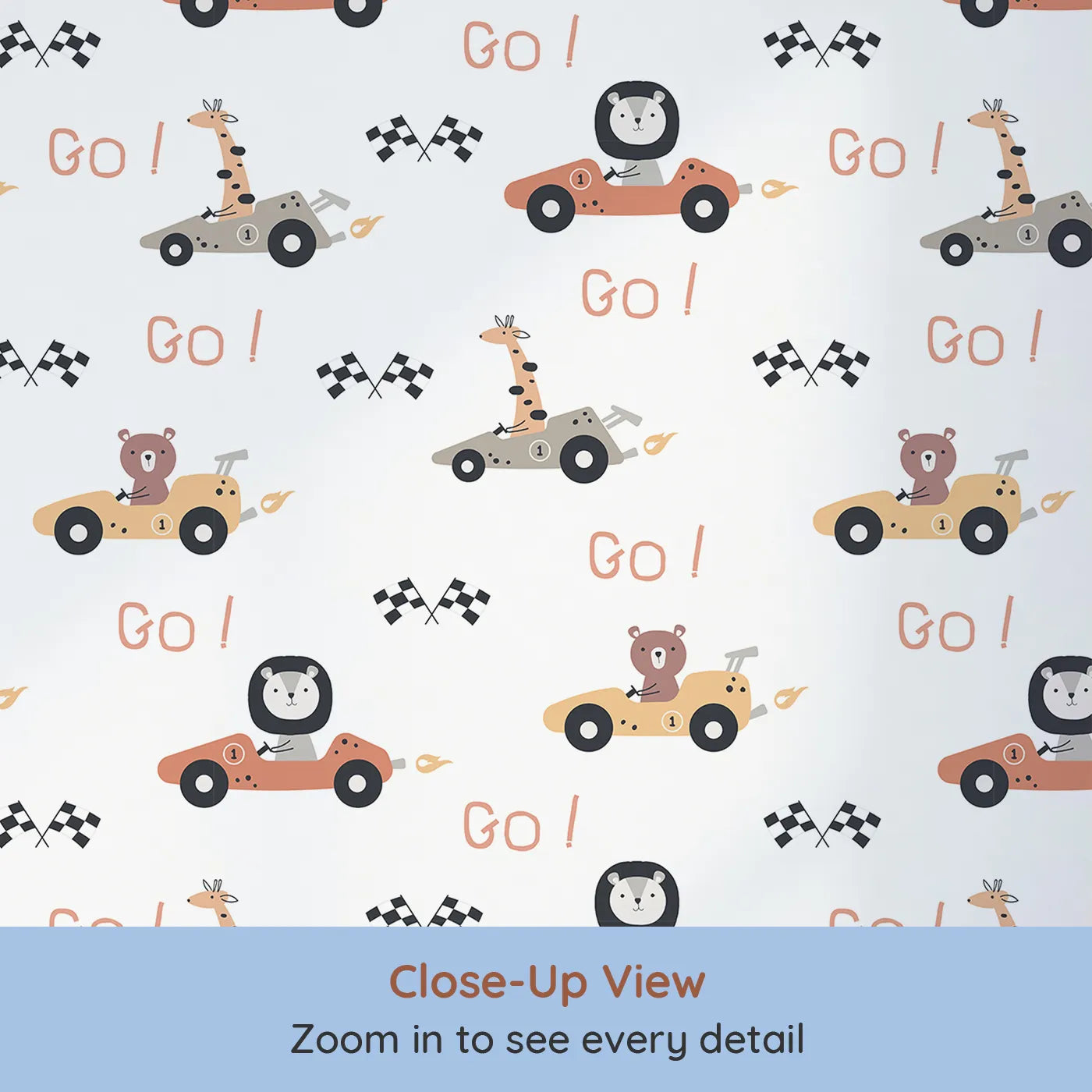 Close-up view of Whimsy Tots' Animal Racers Wallpaper in Soft Neutrals (W3487A).Giraffes, bears, and lions race with grins across the finish line.