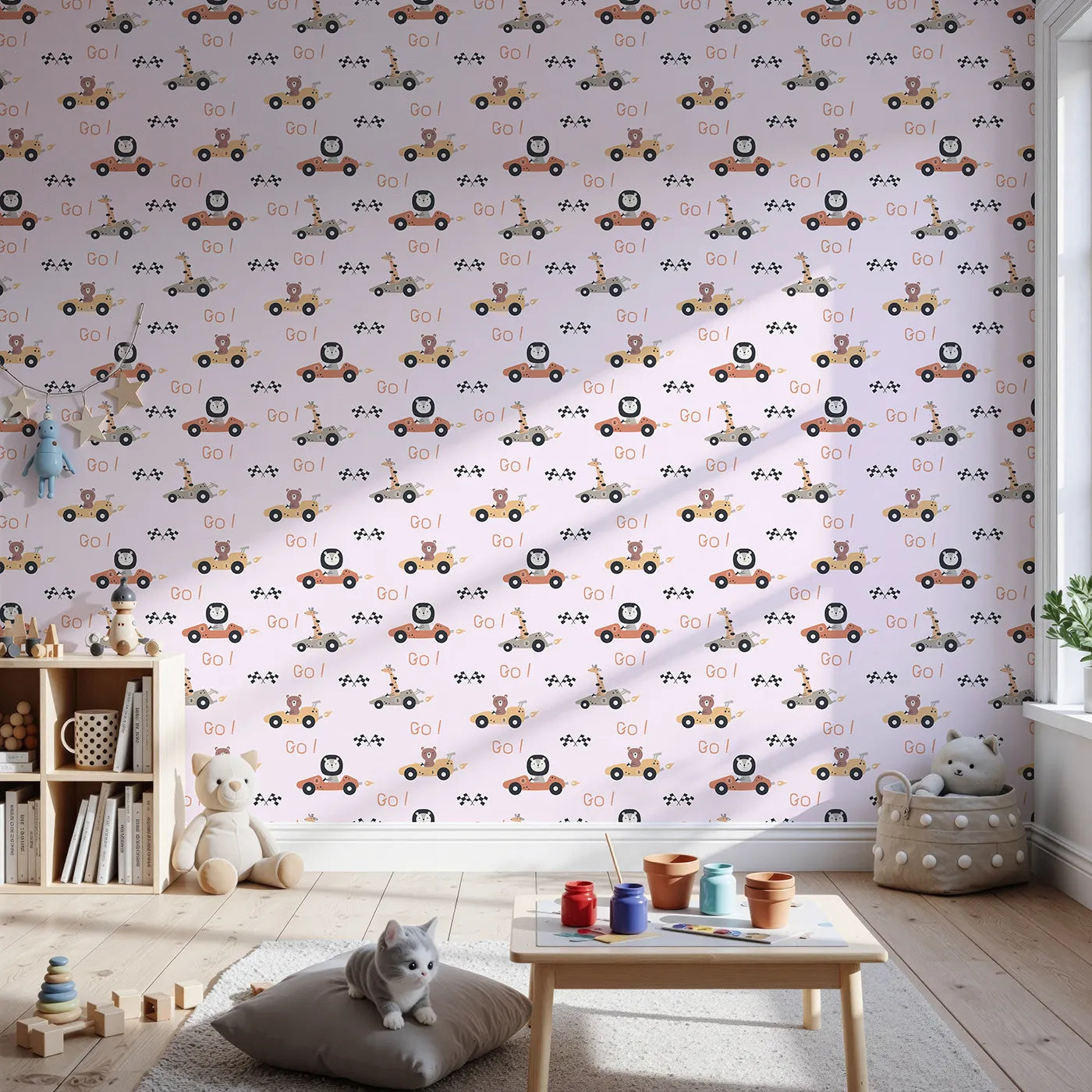 Front view of Whimsy Tots' Animal Racers Wallpaper in Blush Pink