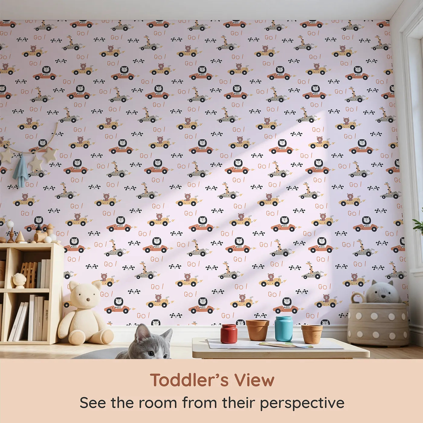 Whimsy Tots Animal Racers Wallpaper in Blush Pink (W3487B) from your child's view.Bears, lions, and giraffes zoom past in pastel cars of fun.