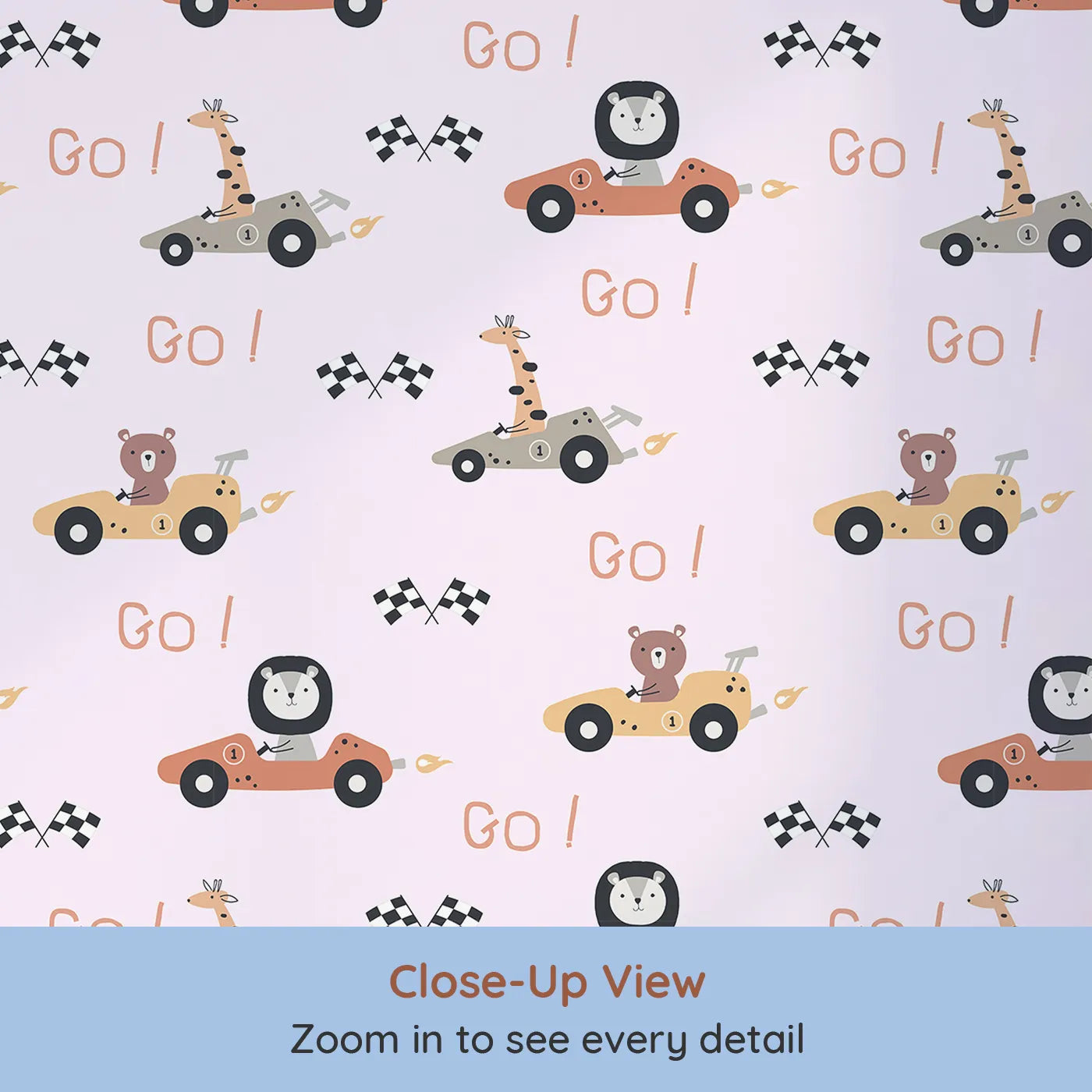 Close-up view of Whimsy Tots' Animal Racers Wallpaper in Blush Pink (W3487B).Bears, lions, and giraffes zoom past in pastel cars of fun.