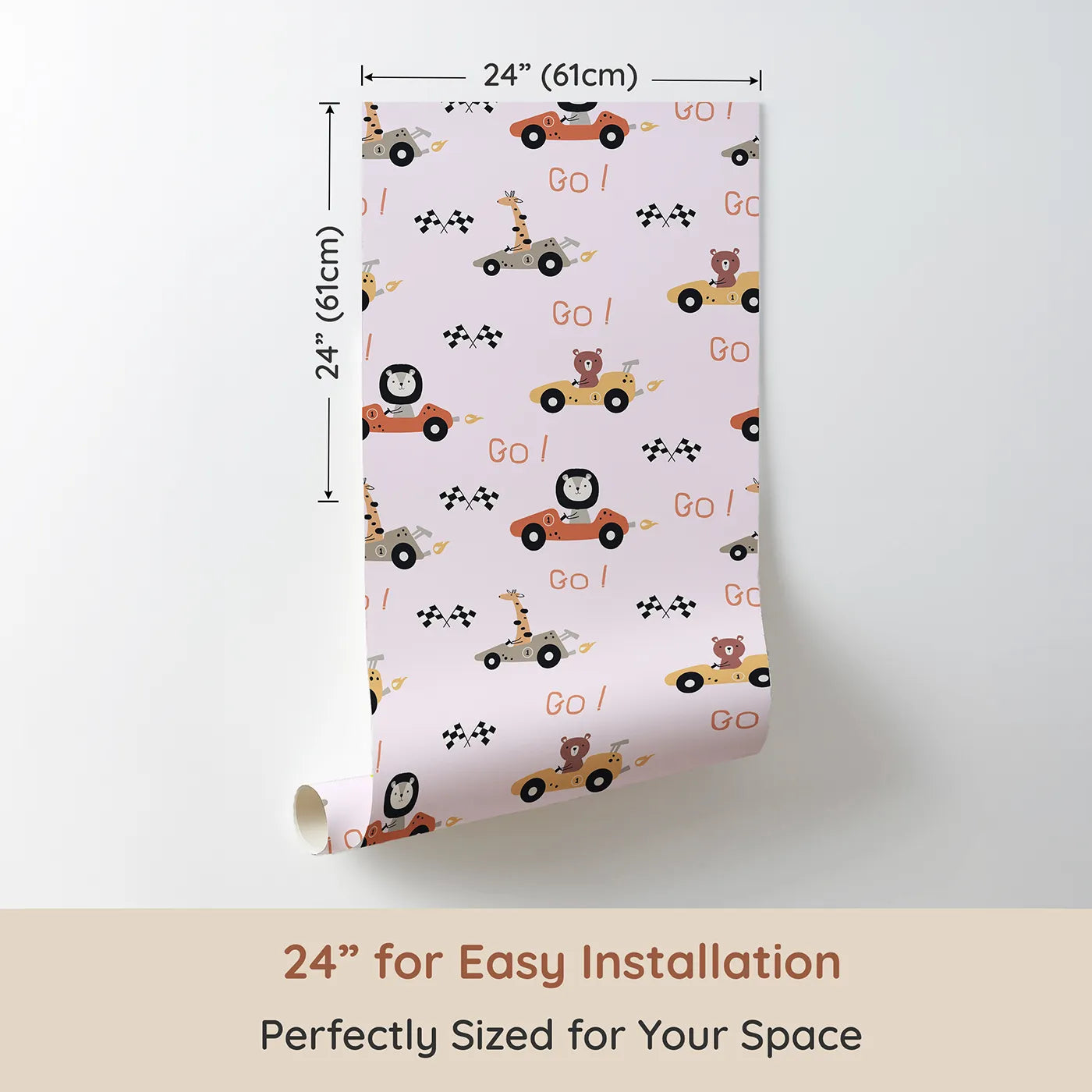 Dimension view of Whimsy Tots Animal Racers Wallpaper in Blush Pink (W3487B). Printed in 24-inch-wide panel for easy installation. Bears, lions, and giraffes zoom past in pastel cars of fun.