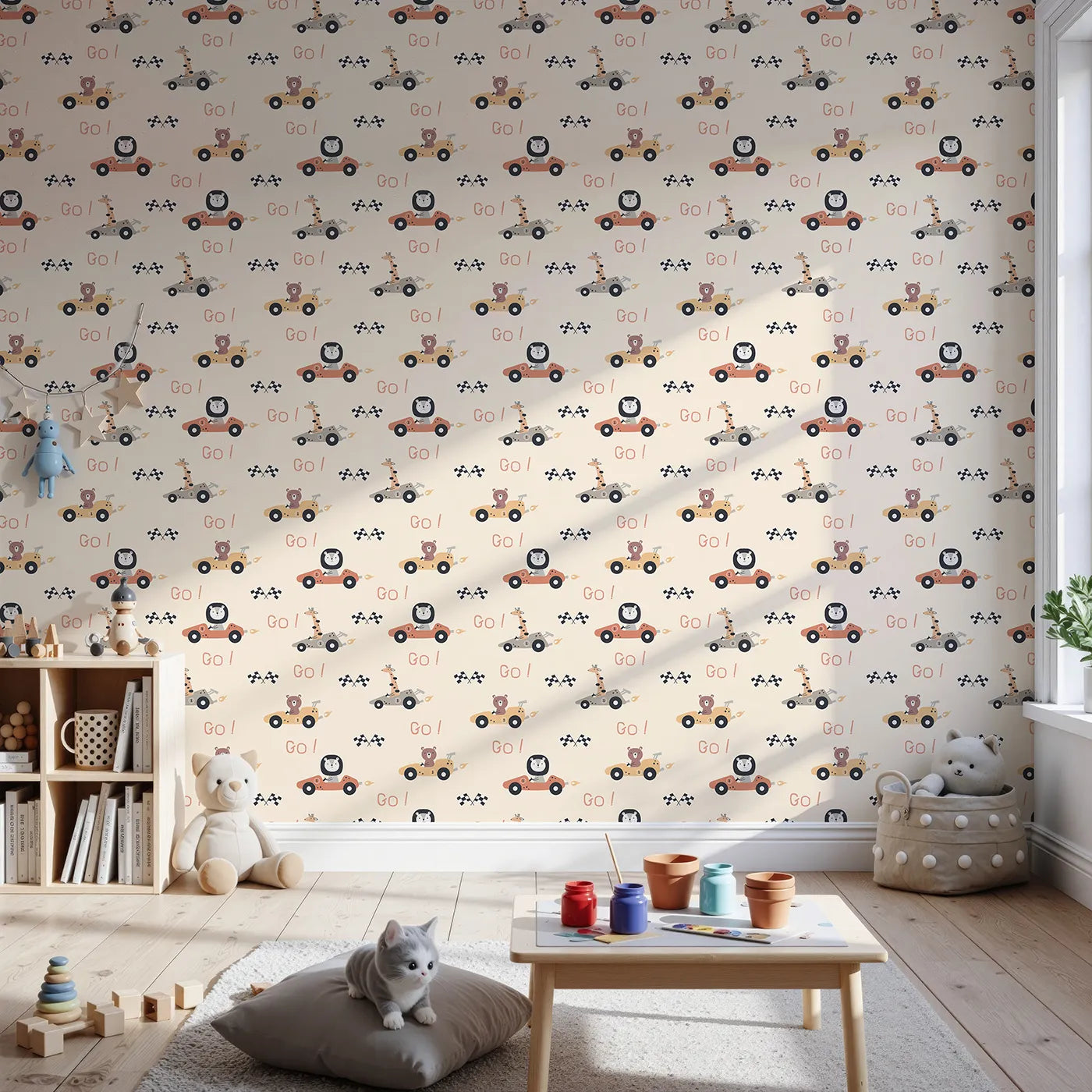 Front view of Whimsy Tots' Animal Racers Wallpaper in Warm Beige
